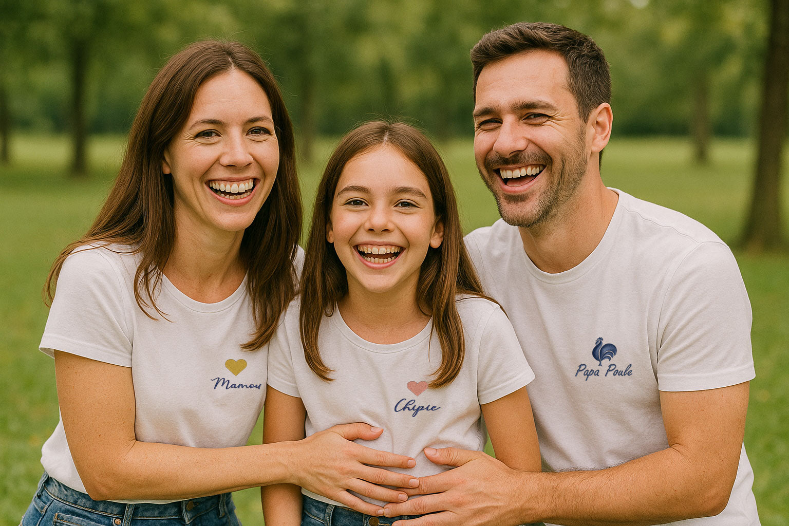 famille portant des T-shirts personnalisés brodés chouettes broderies