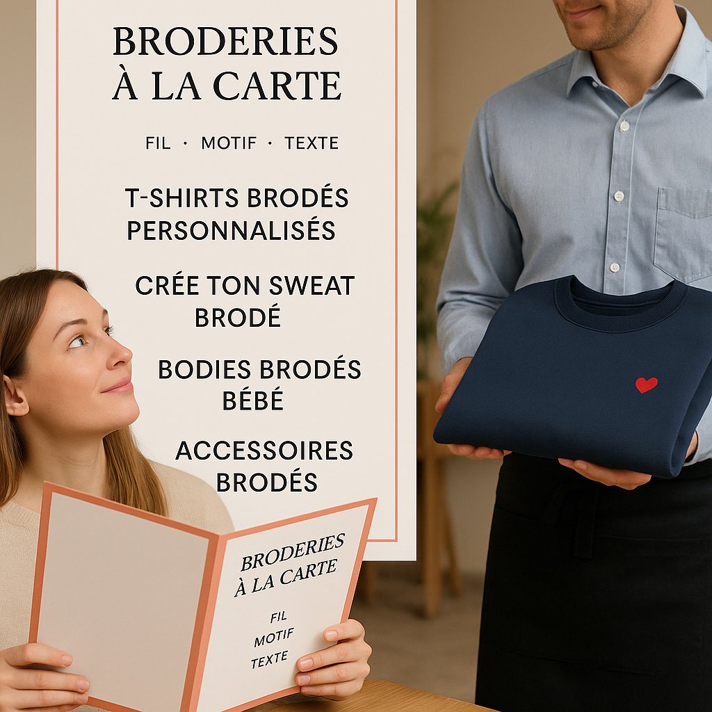 Concept de broderie à la carte avec une cliente choisissant dans un menu et un serveur présentant un sweat brodé personnalisé. Collection de vêtements et accessoires personnalisés.