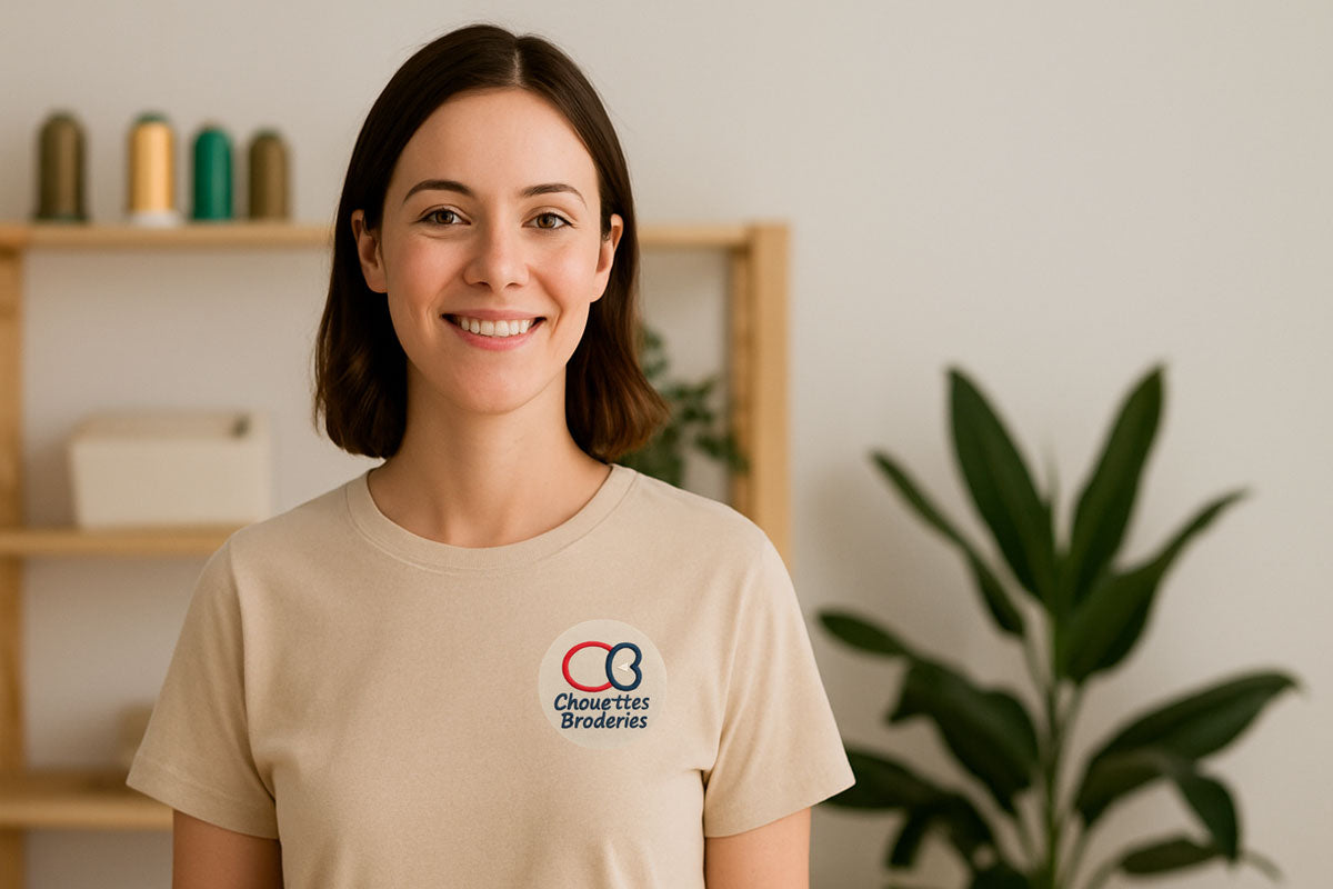 Femme portant un vêtement brodé beige clair dans un environnement professionnel flou – illustration de la broderie de logo personnalisée