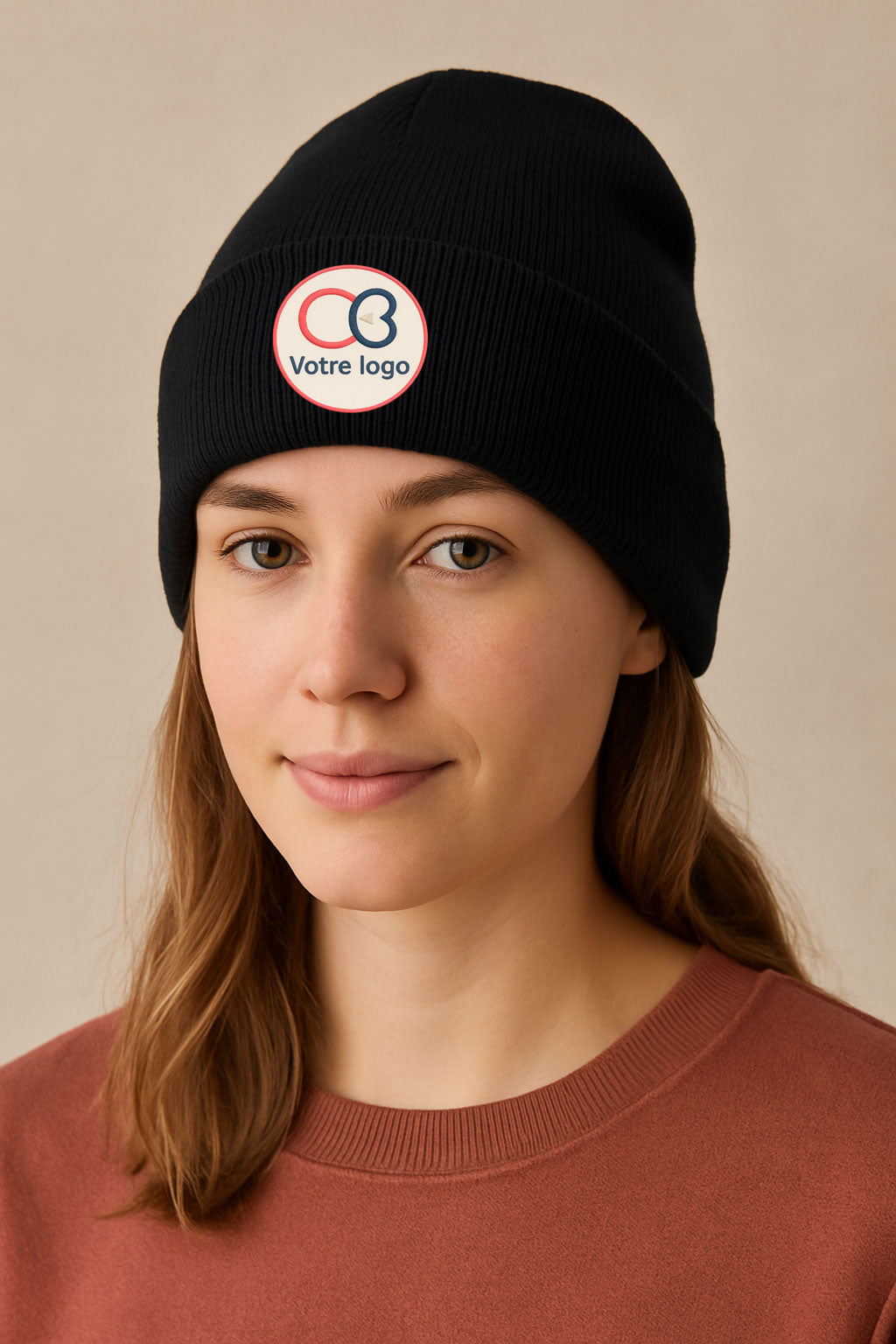 femme portant un bonnet personnalisé noir avec logo, idéal pour la broderie de logo