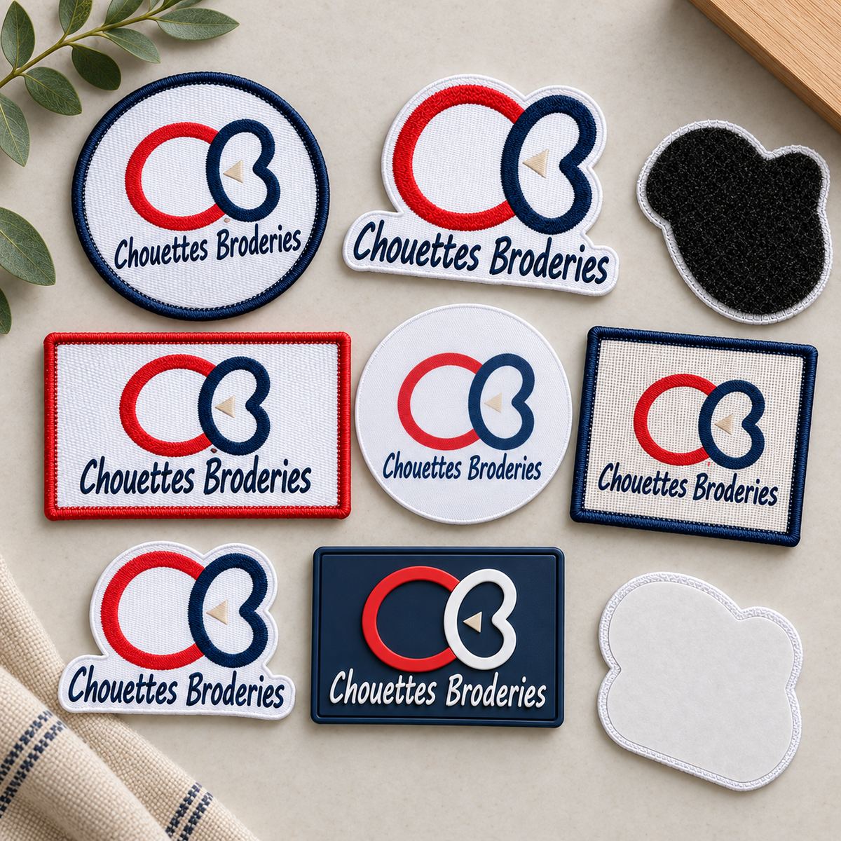 Écussons personnalisés brodés, tissés et PVC 3D de différentes formes, avec dos velcro et thermocollant, réalisés par Chouettes Broderies