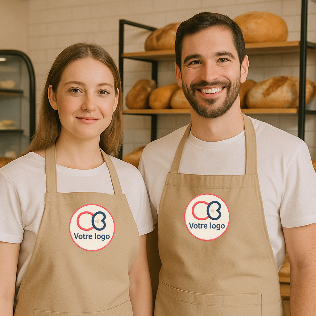 tabliers professionnels brodes avec logo portes par un homme et une femme – vetements personnalises pour cuisine ou service