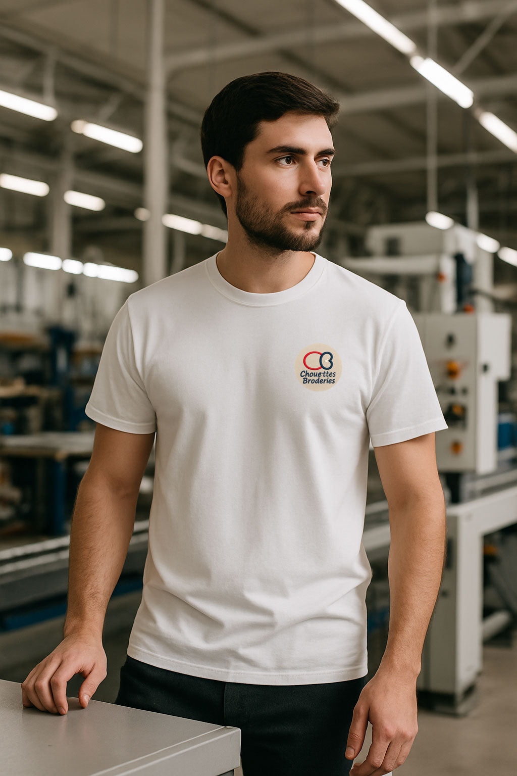 Homme portant un t-shirt blanc brodé dans un environnement professionnel
