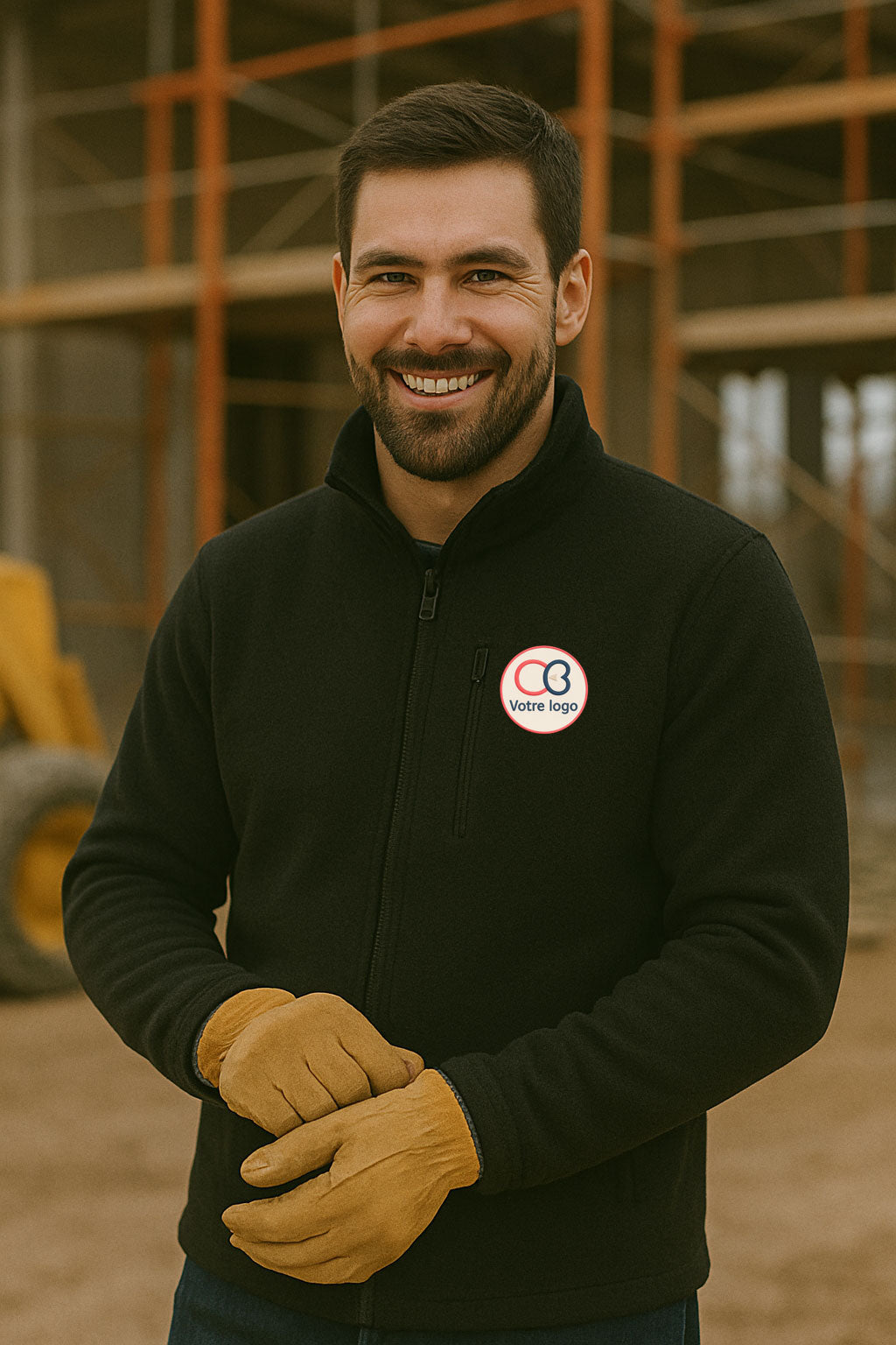 veste noire brodee avec logo portee par un homme sur chantier – vetement professionnel personnalise