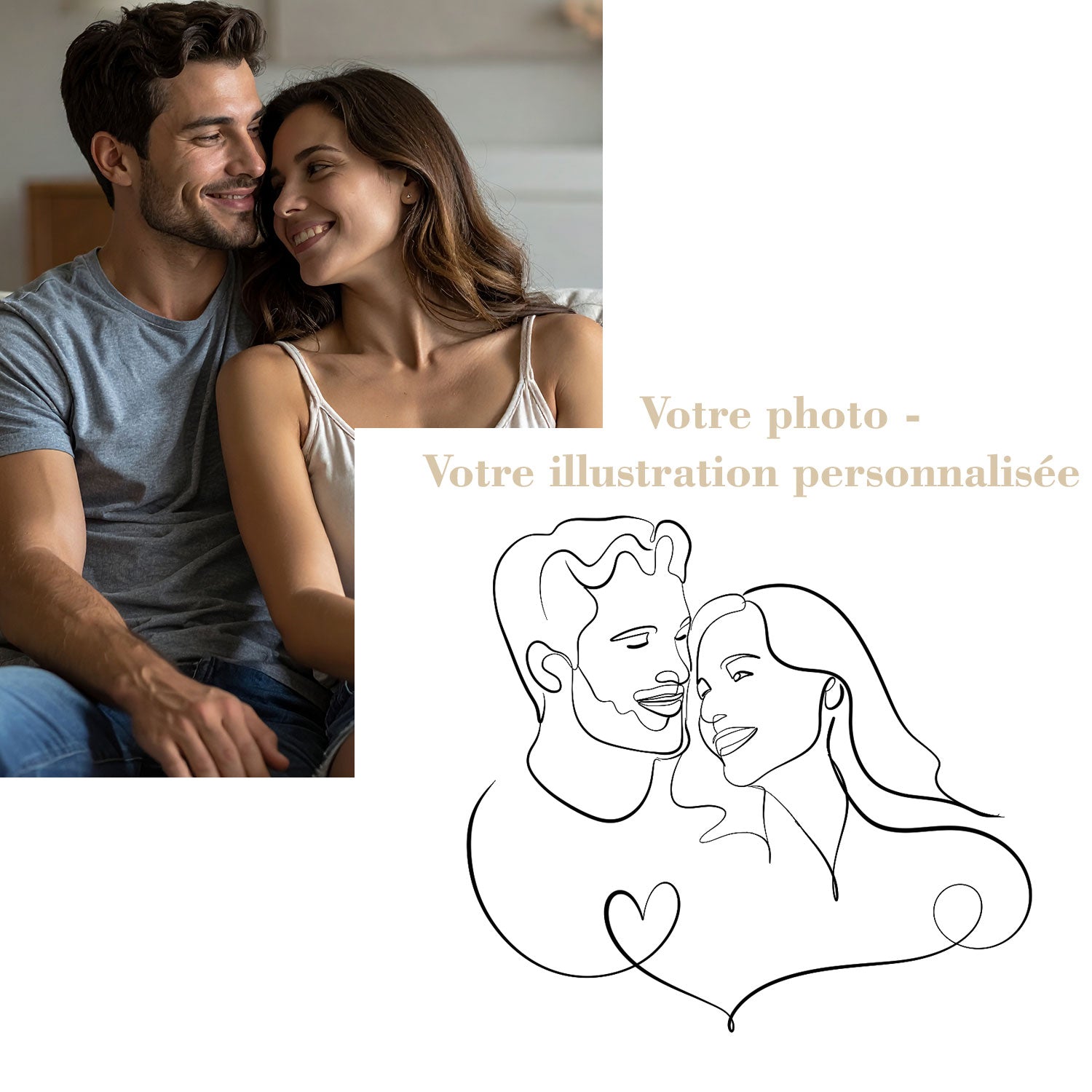 Avant après illustration line art personnalisée d’un couple à partir d’une photo, dessin minimaliste sur mesure en fichier numérique