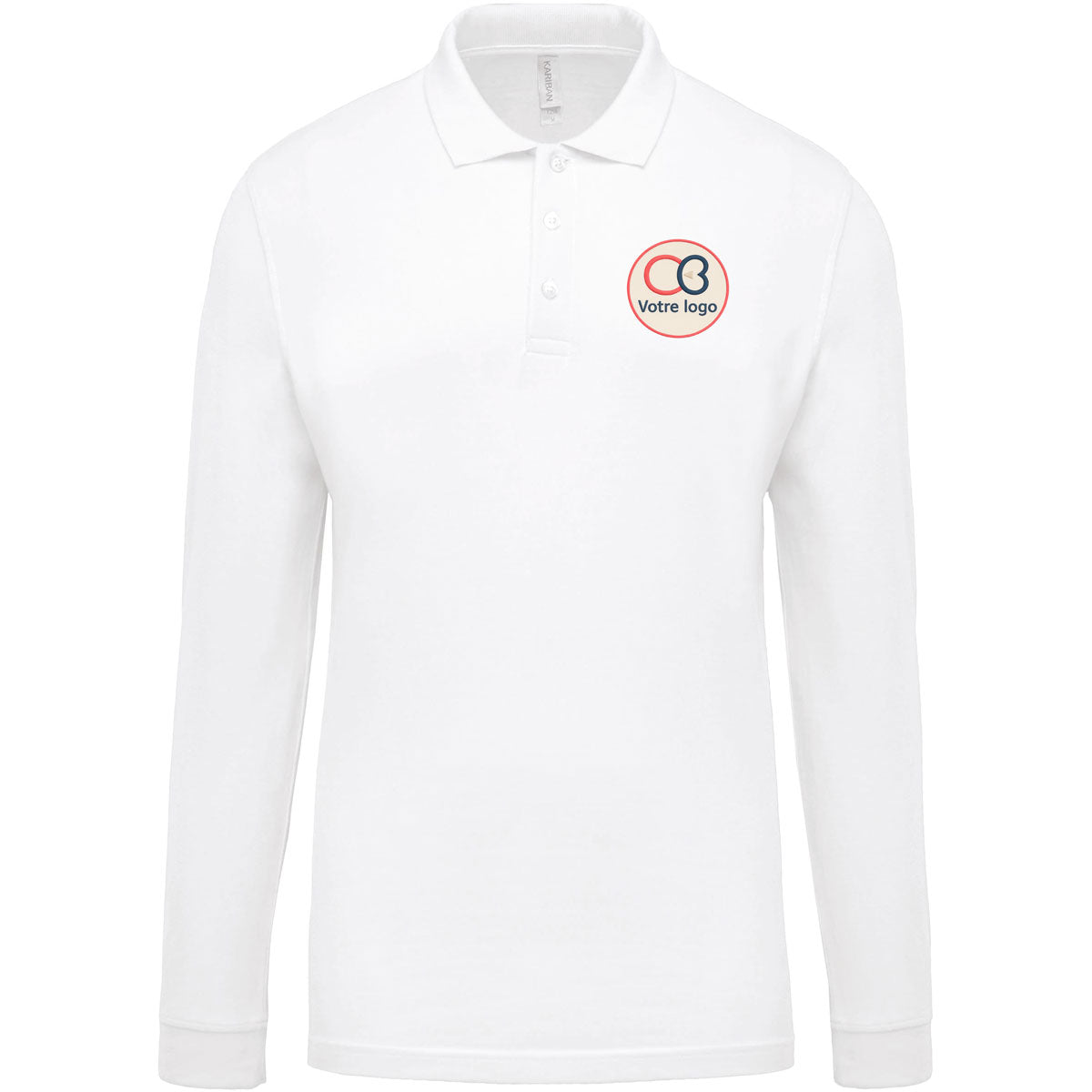 Polo manches longues Kariban K256 blanc, support idéal pour la broderie de logo d’entreprise ou nom personnalisé