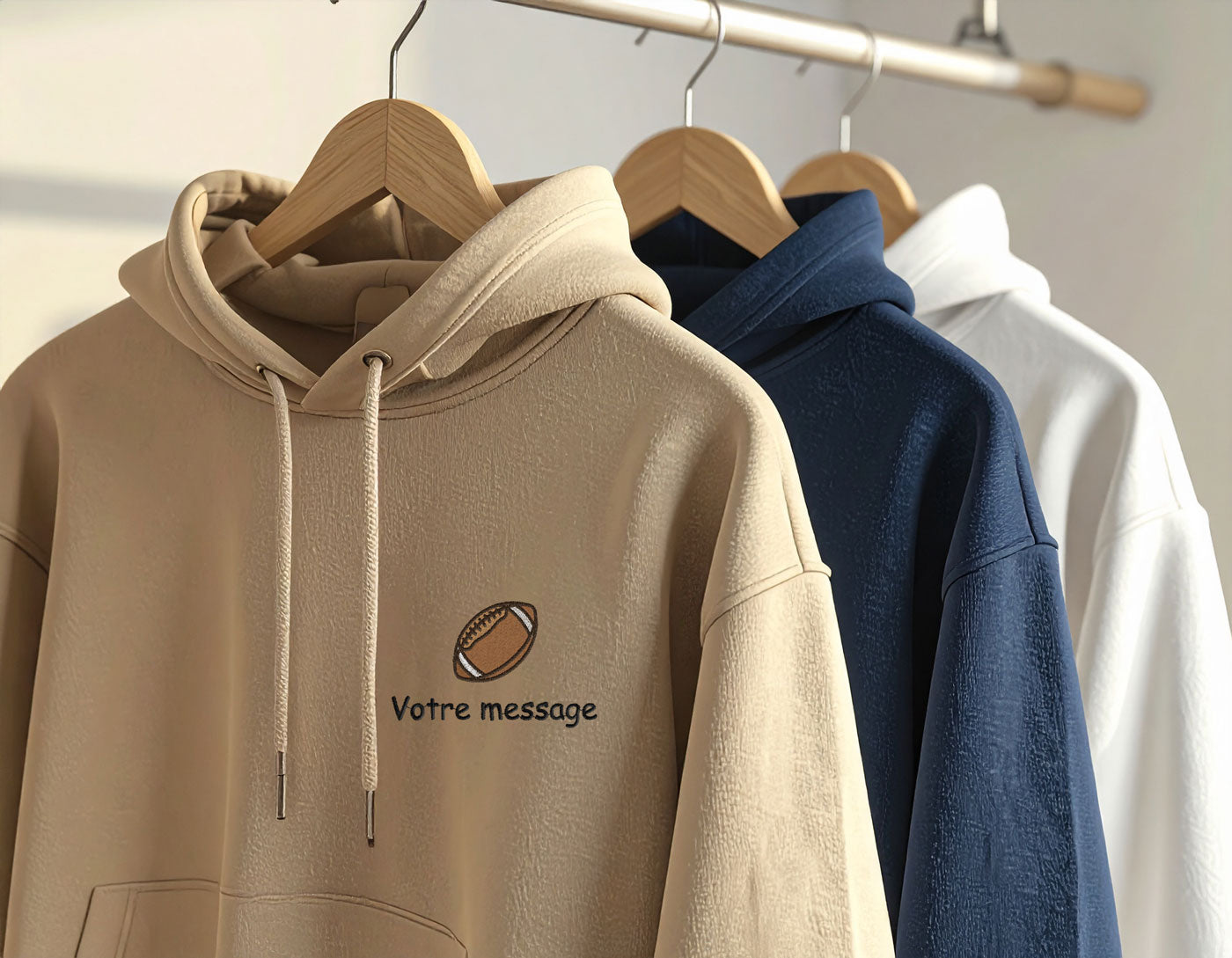 Sweat à capuche couleur sable avec broderie personnalisée football et texte "Votre message", présenté sur cintre aux côtés de sweats bleu marine et blanc.
