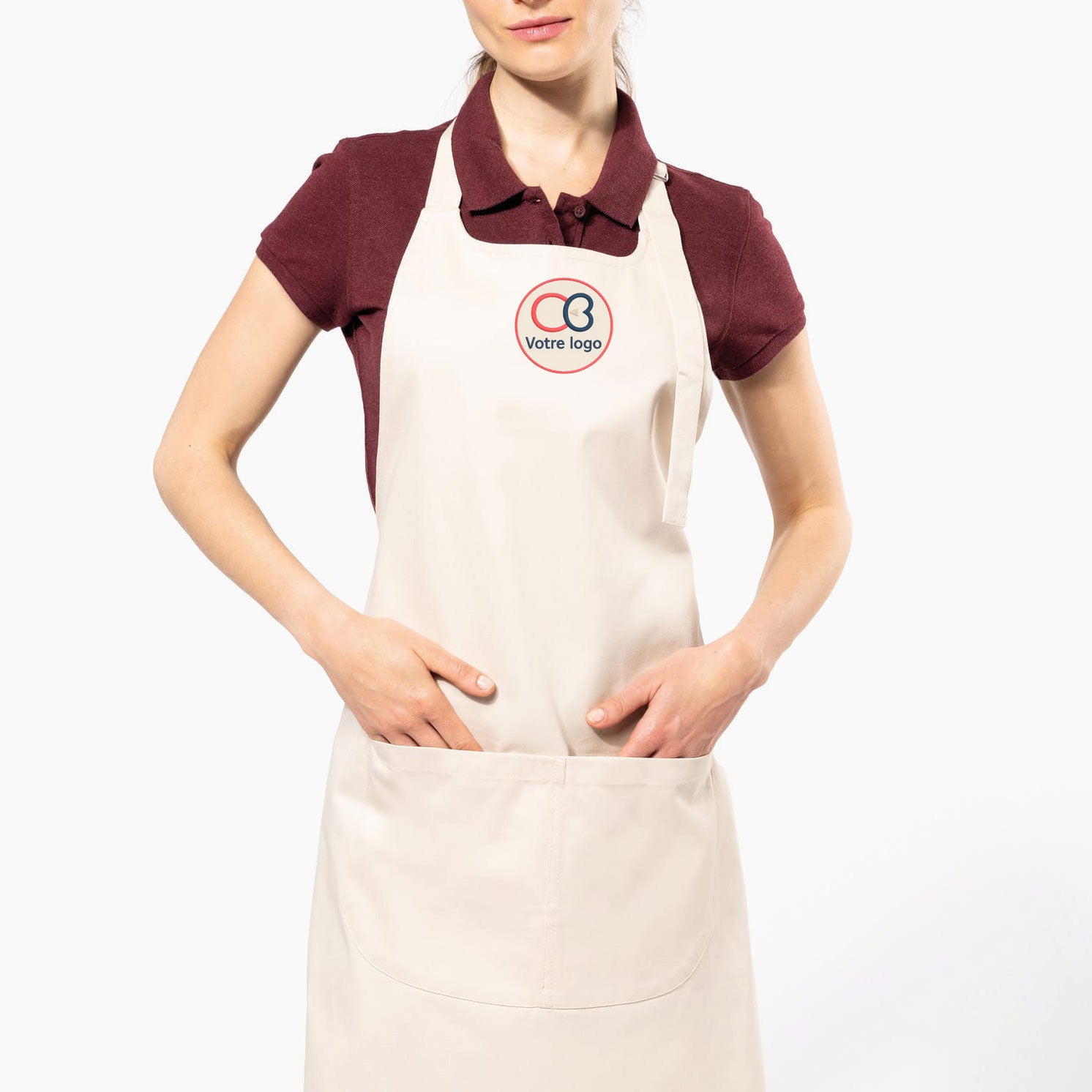 Détail du tablier écru K885 prêt pour personnalisation