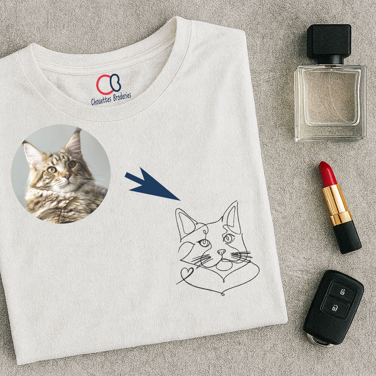 Portrait de chat en line-art brodé — t-shirt personnalisé Chouettes Broderies