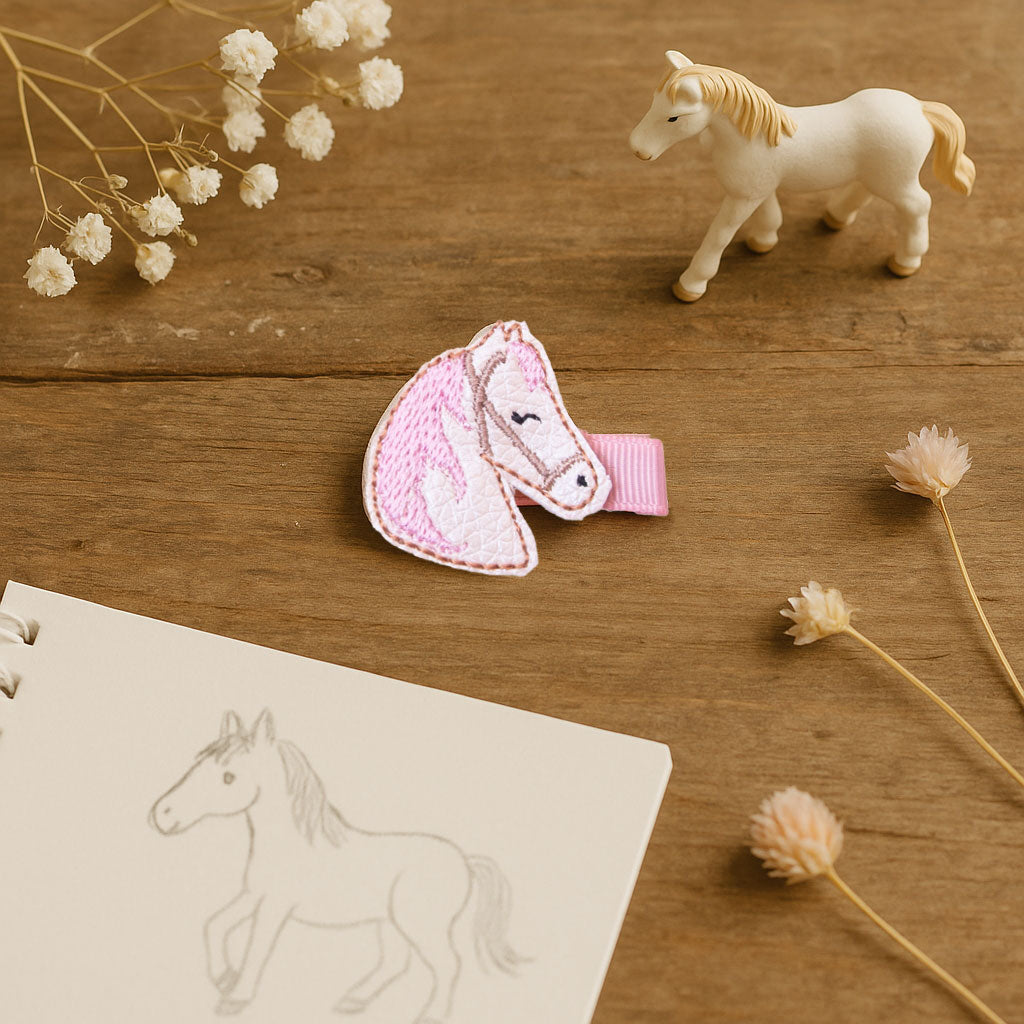 Barrette cheval beige et rose anti-glisse pour enfant