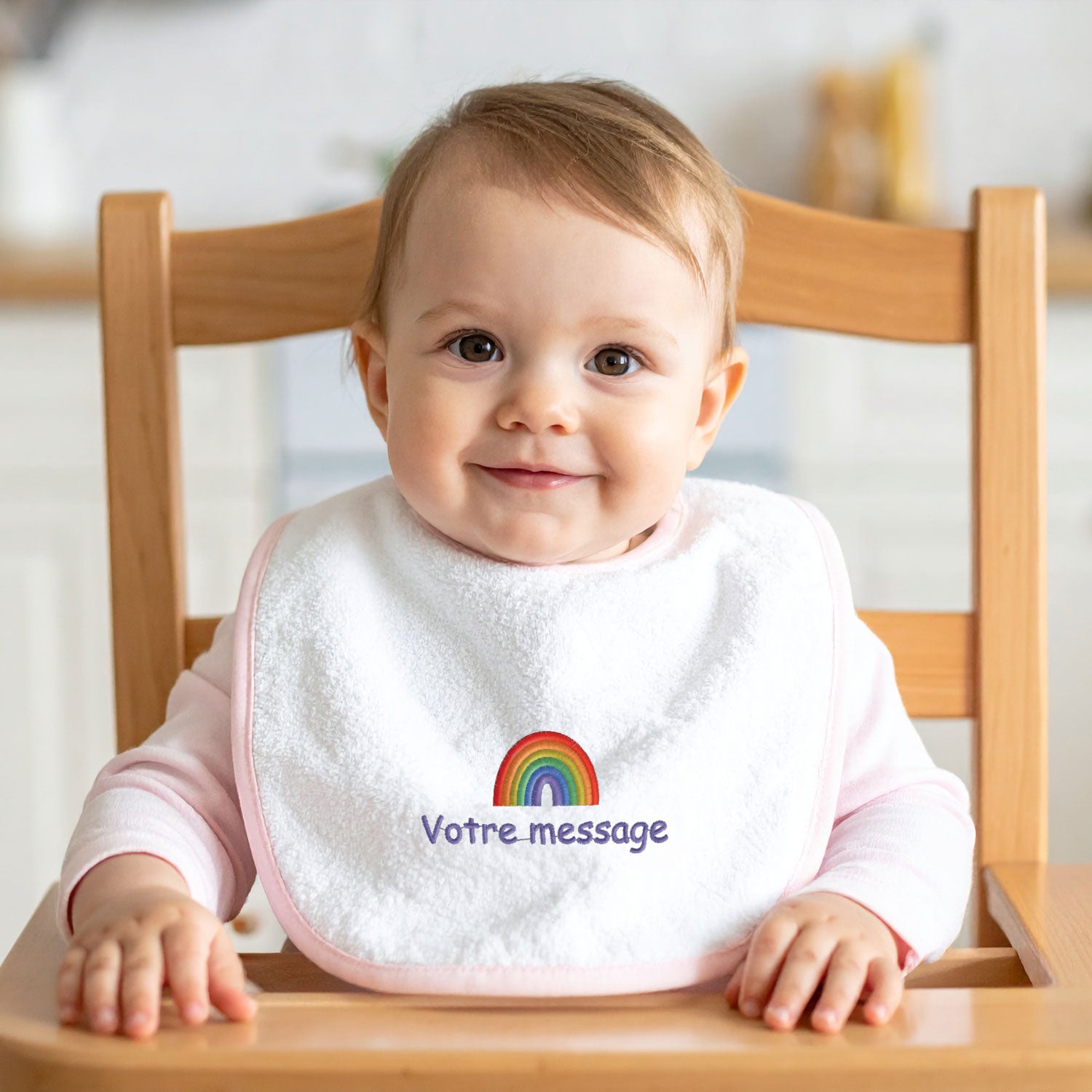 Bavoir bébé personnalisé avec broderie arc-en-ciel coloré et prénom – cadeau naissance mixte