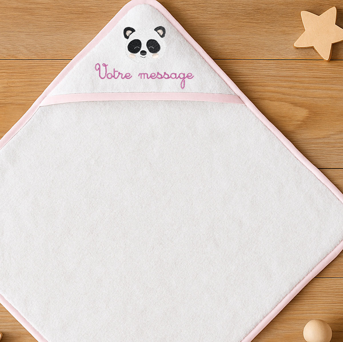 Cape de bain bébé fille personnalisée avec broderie panda et prénom – coton blanc et rose