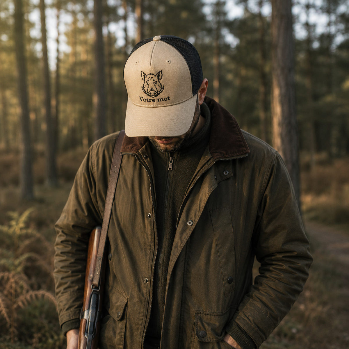 Chasseur portant une casquette brodée sanglier personnalisée en forêt