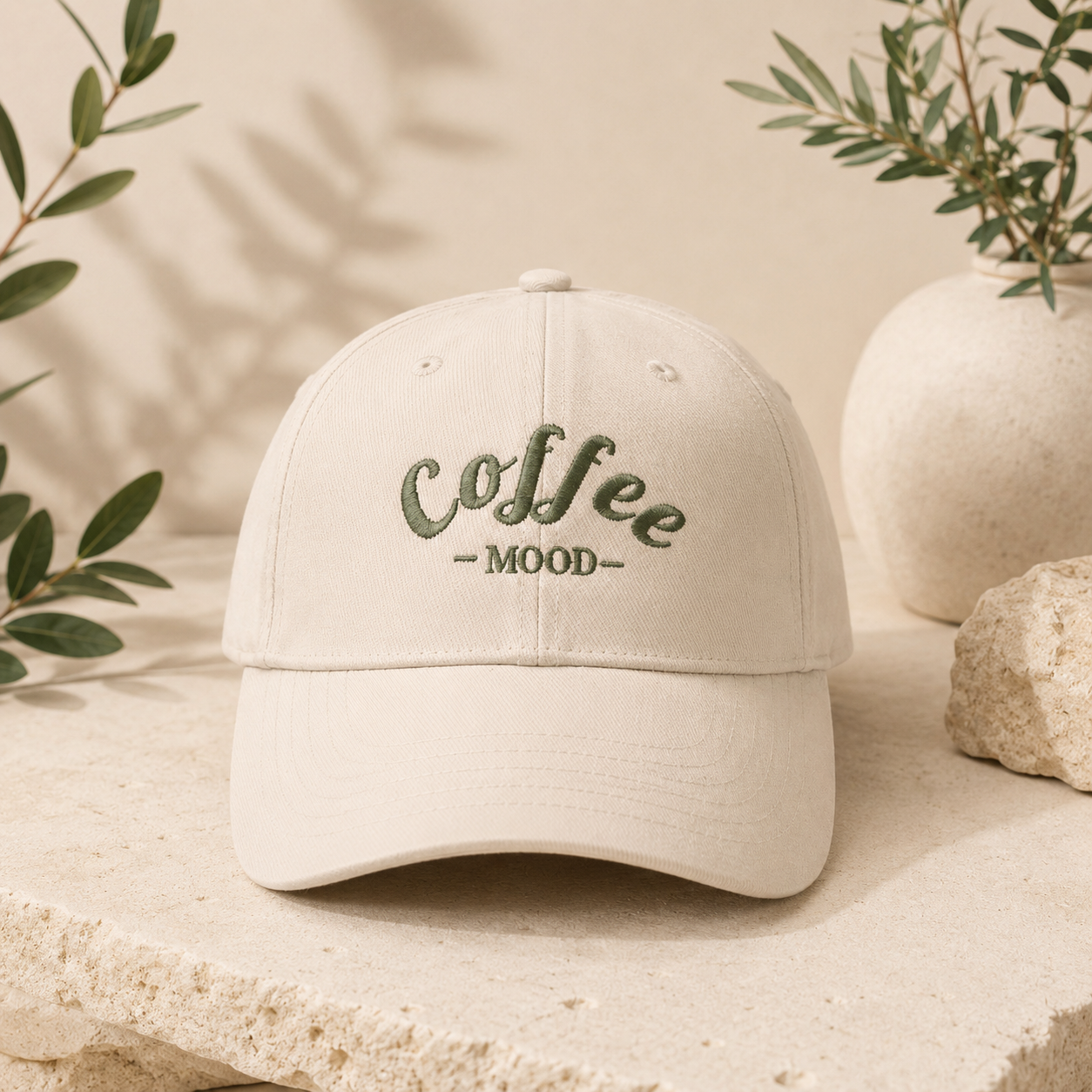 Casquette personnalisée brodée Coffee Mood en coton écru. Idée cadeau personnalisée pour homme et femme, fabriquée en France.