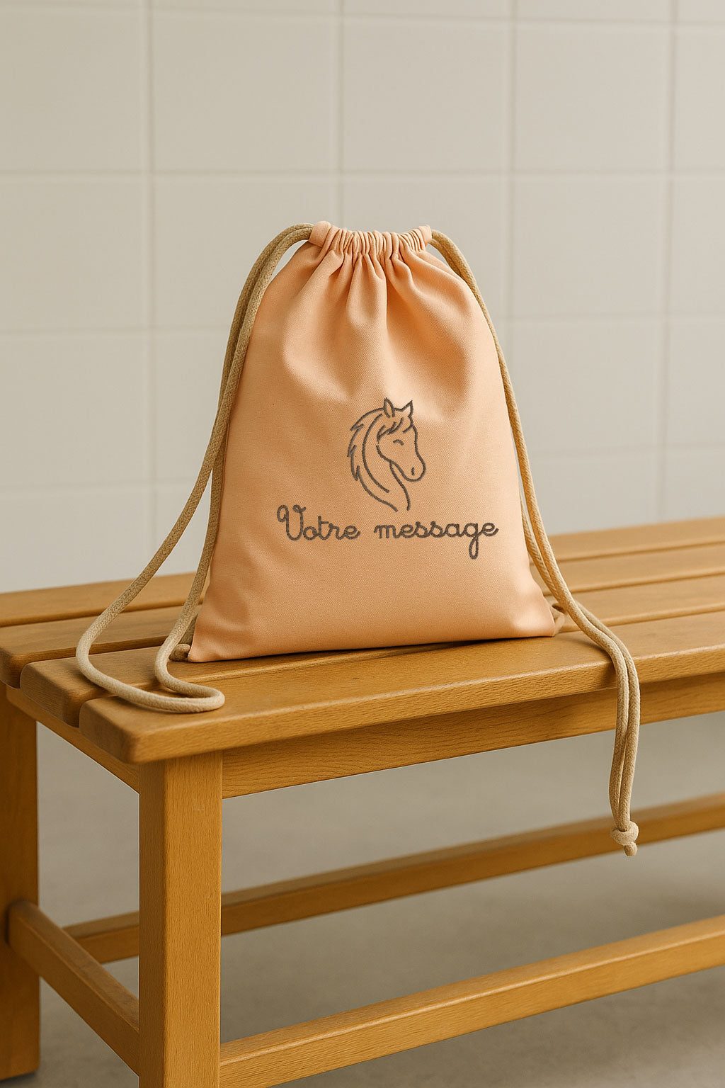 Sac à dos enfant couleur saumon avec broderie cheval personnalisable – sac de sport ou loisirs brodé avec prénom ou message