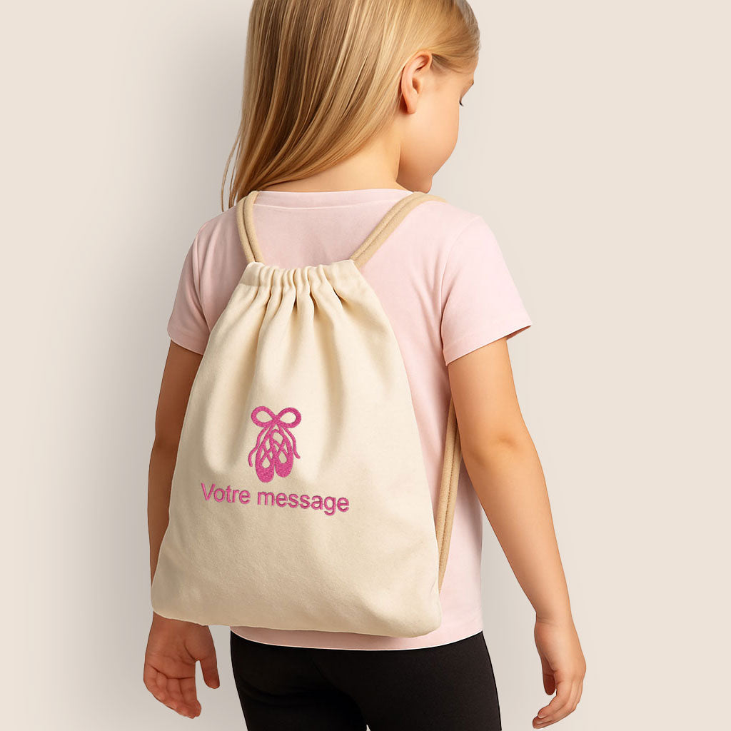 Sac de sport enfant fille en coton avec broderie chaussons de danse personnalisée – sac à cordons pratique pour la danse