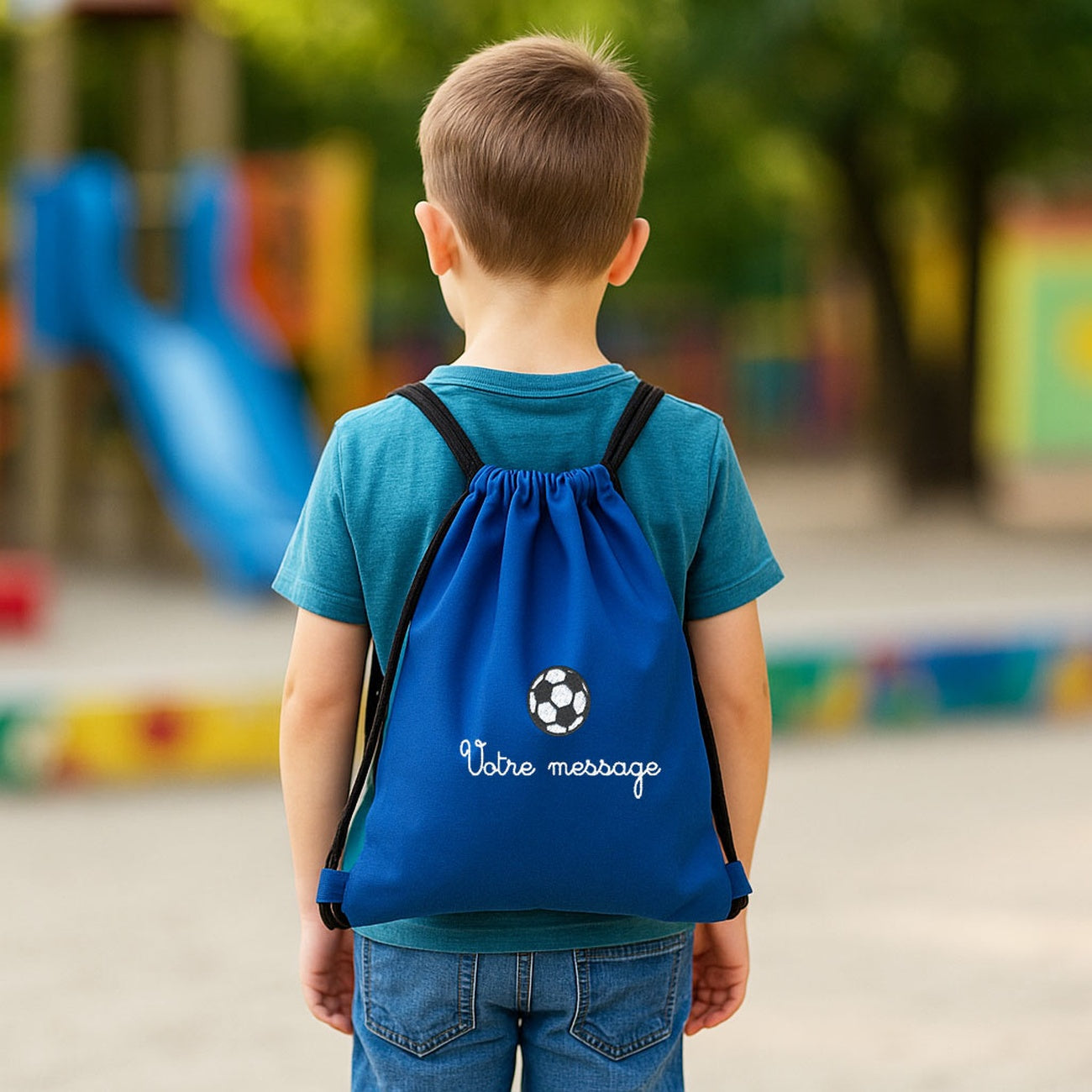 Sac de sport enfant bleu avec broderie ballon de foot et texte personnalisable – sac à cordons idéal pour le football ou l’école