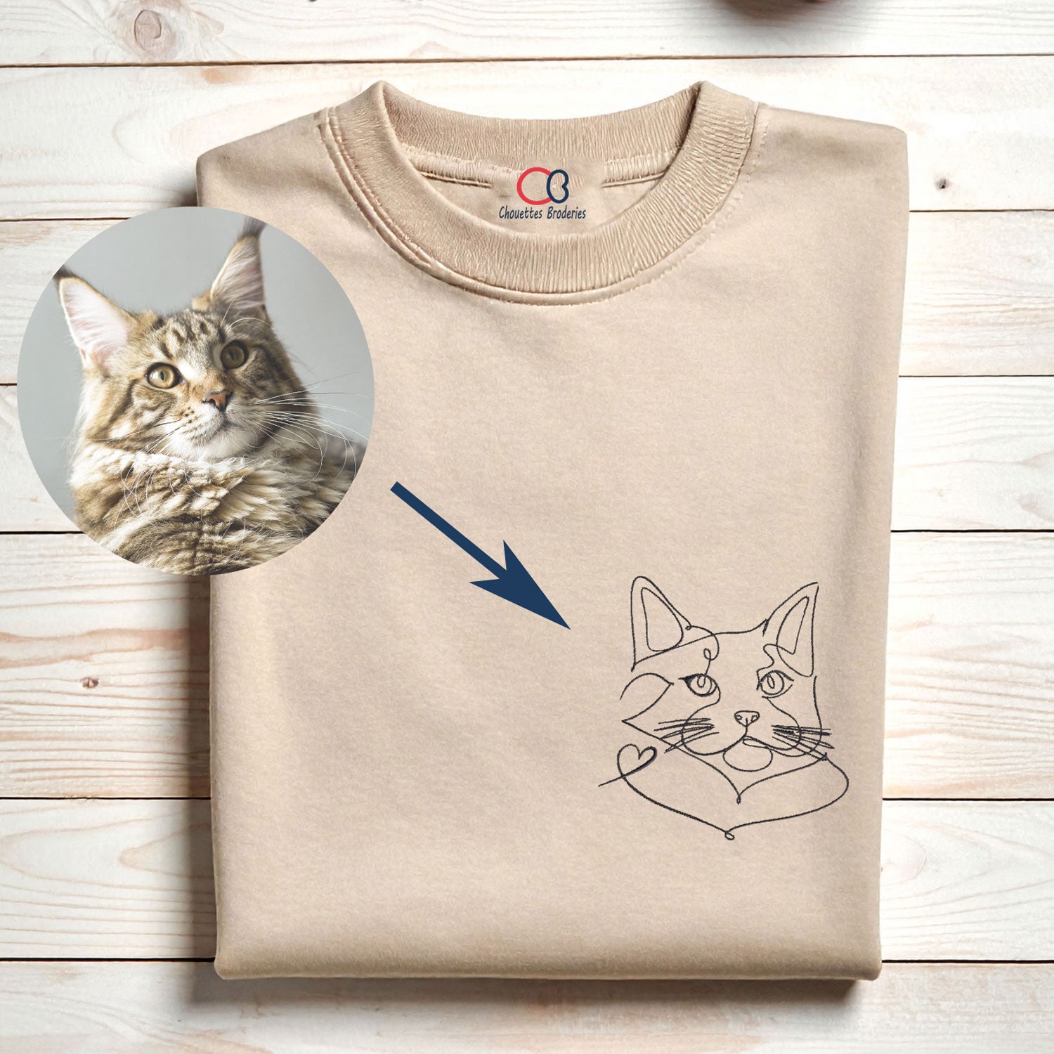Sweat brodé personnalisé avec portrait de votre animal – Line Art à partir de photo
