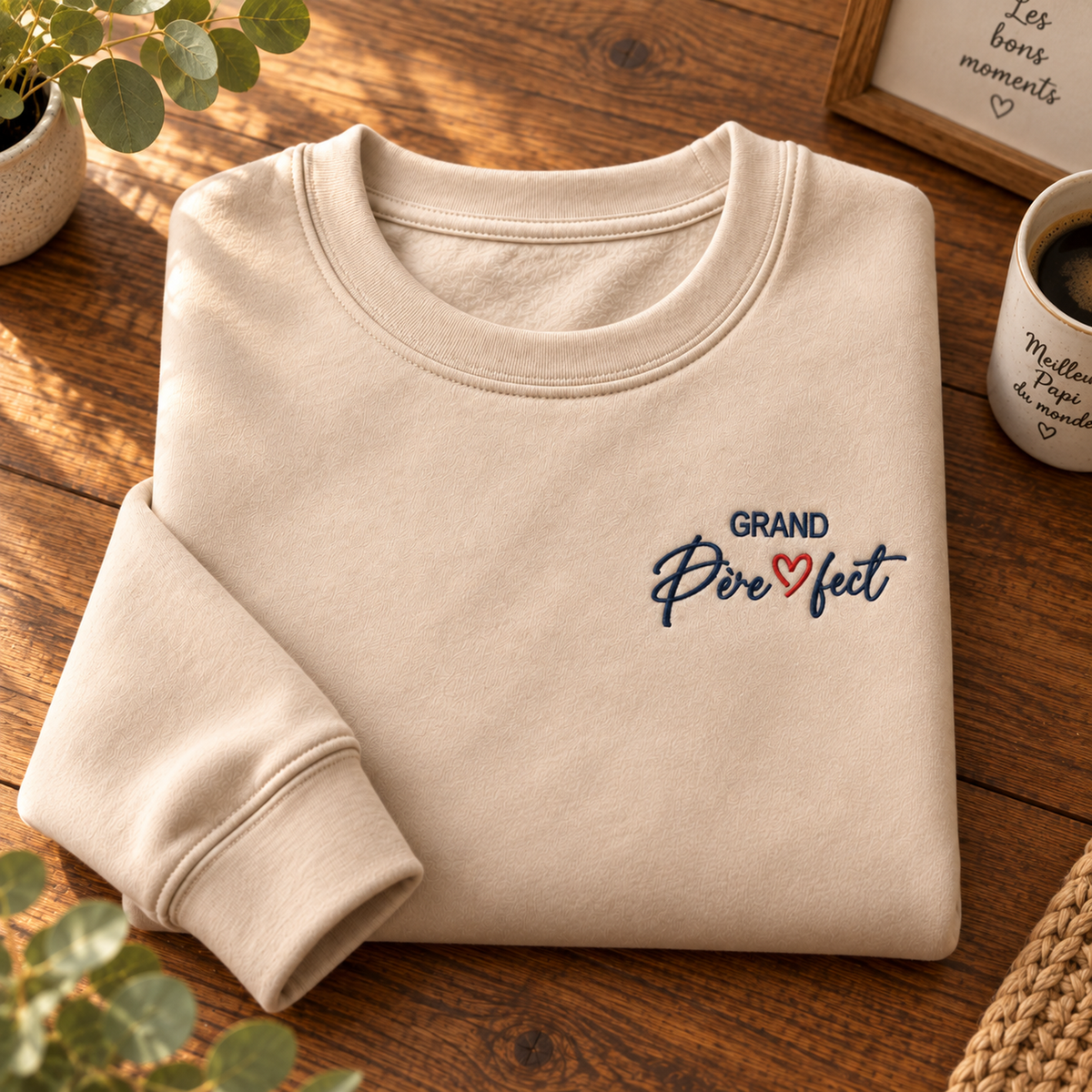 Sweat beige brodé Grand-Père Perfect avec broderie bleu marine et cœur rouge