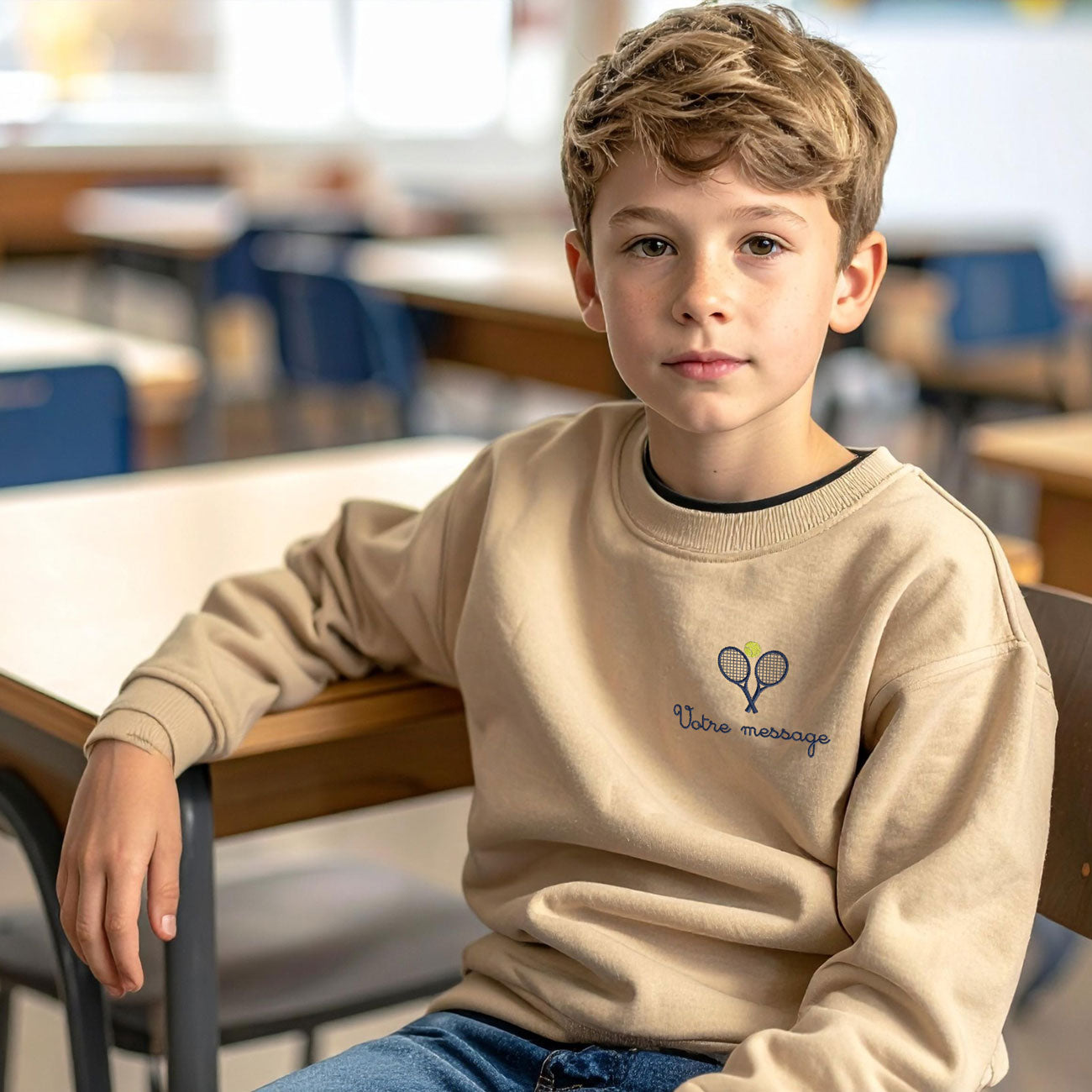 Sweat enfant beige brodé avec motif raquettes de tennis et message personnalisé – cadeau sport unique