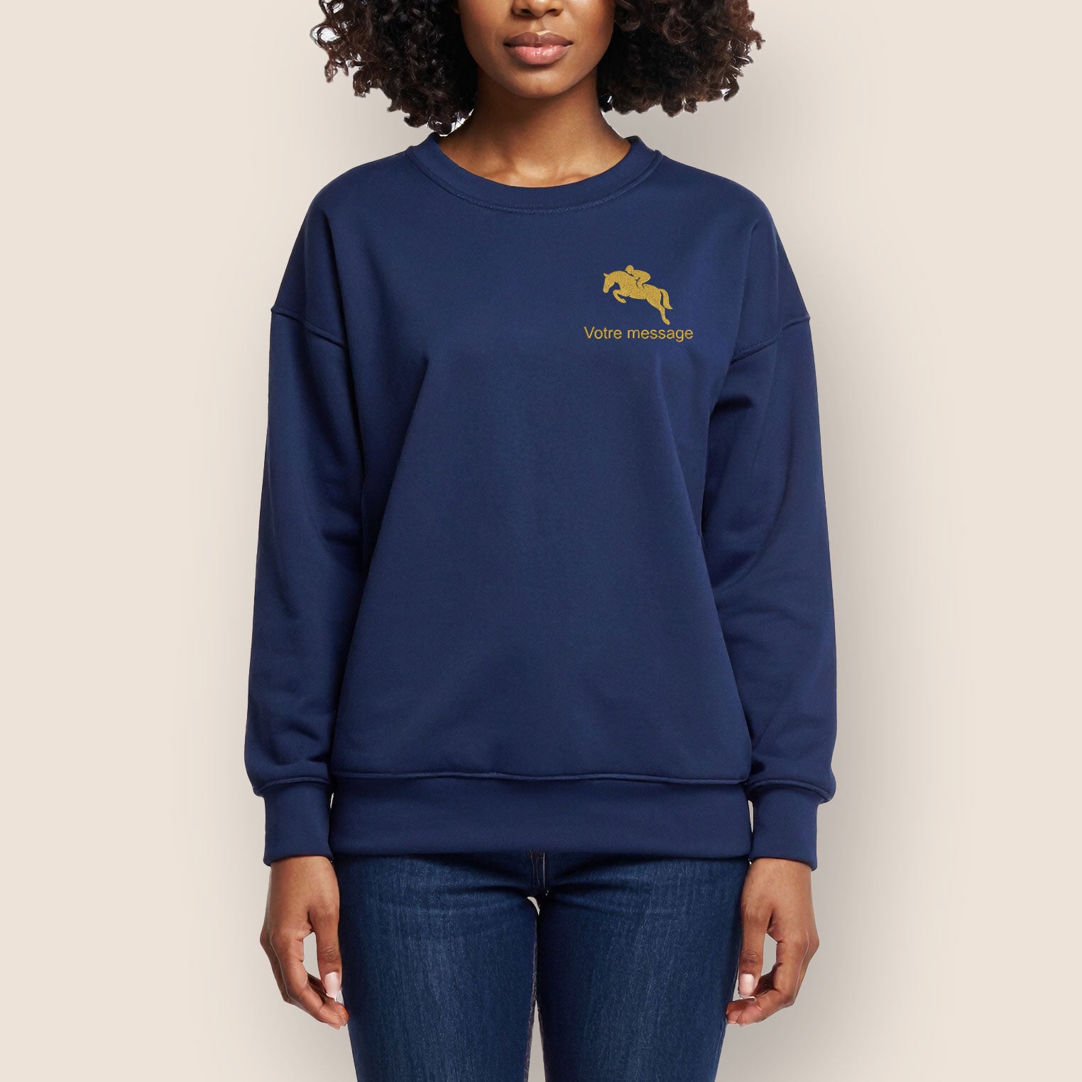 Sweat femme bleu marine brodé avec motif cheval et message personnalisable, cadeau unique