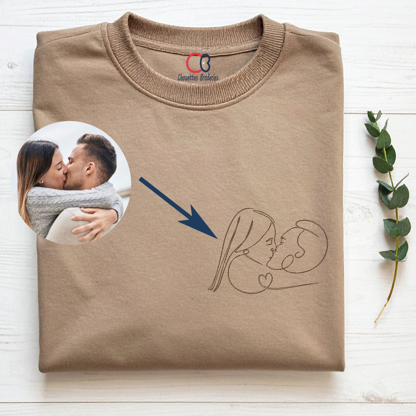Sweat sable personnalisé brodé avec portrait de couple d’après photo – cadeau unique et artistique