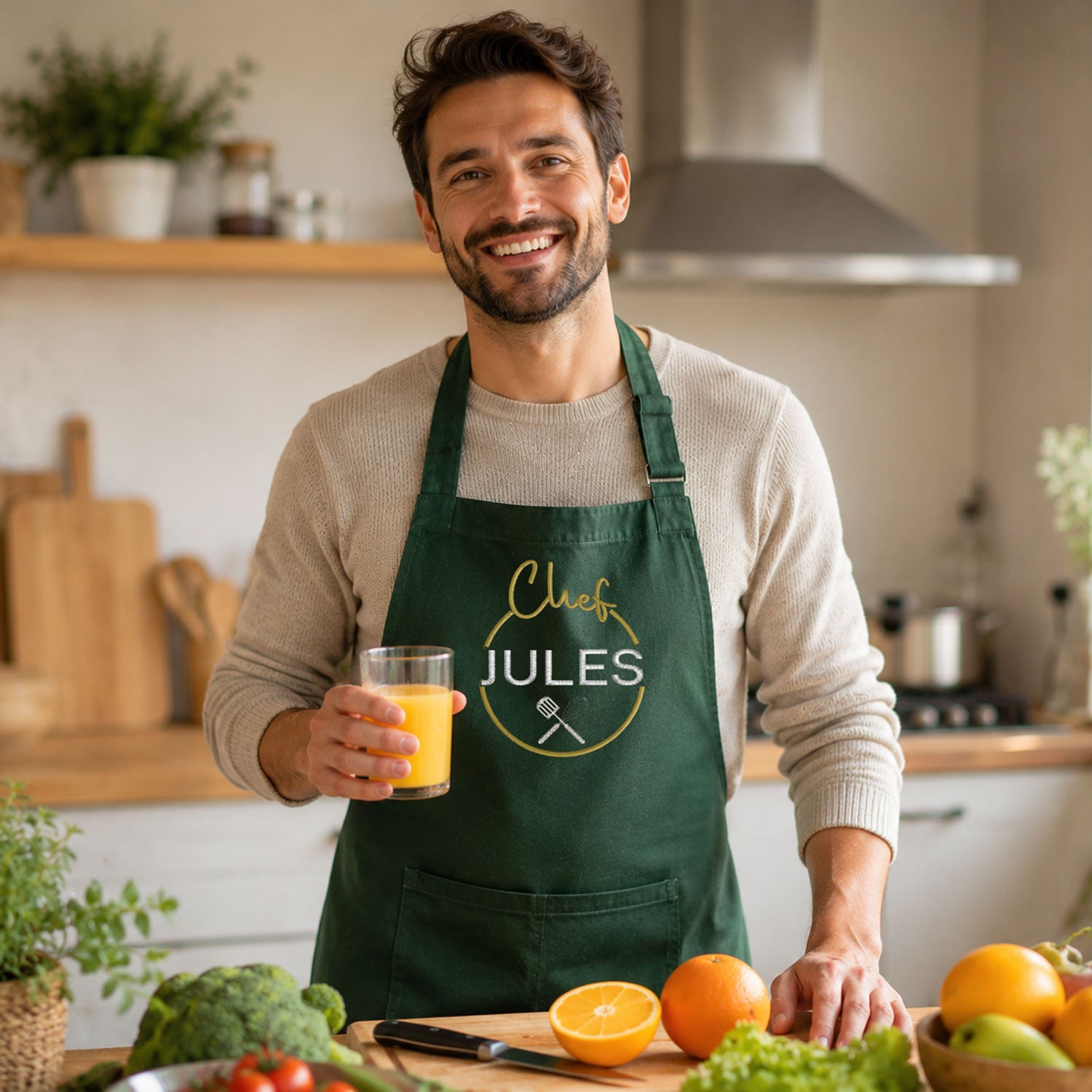 Homme portant un tablier de cuisine vert brodé Chef personnalisé au prénom Jules, dans sa cuisine – Chouettes Broderies