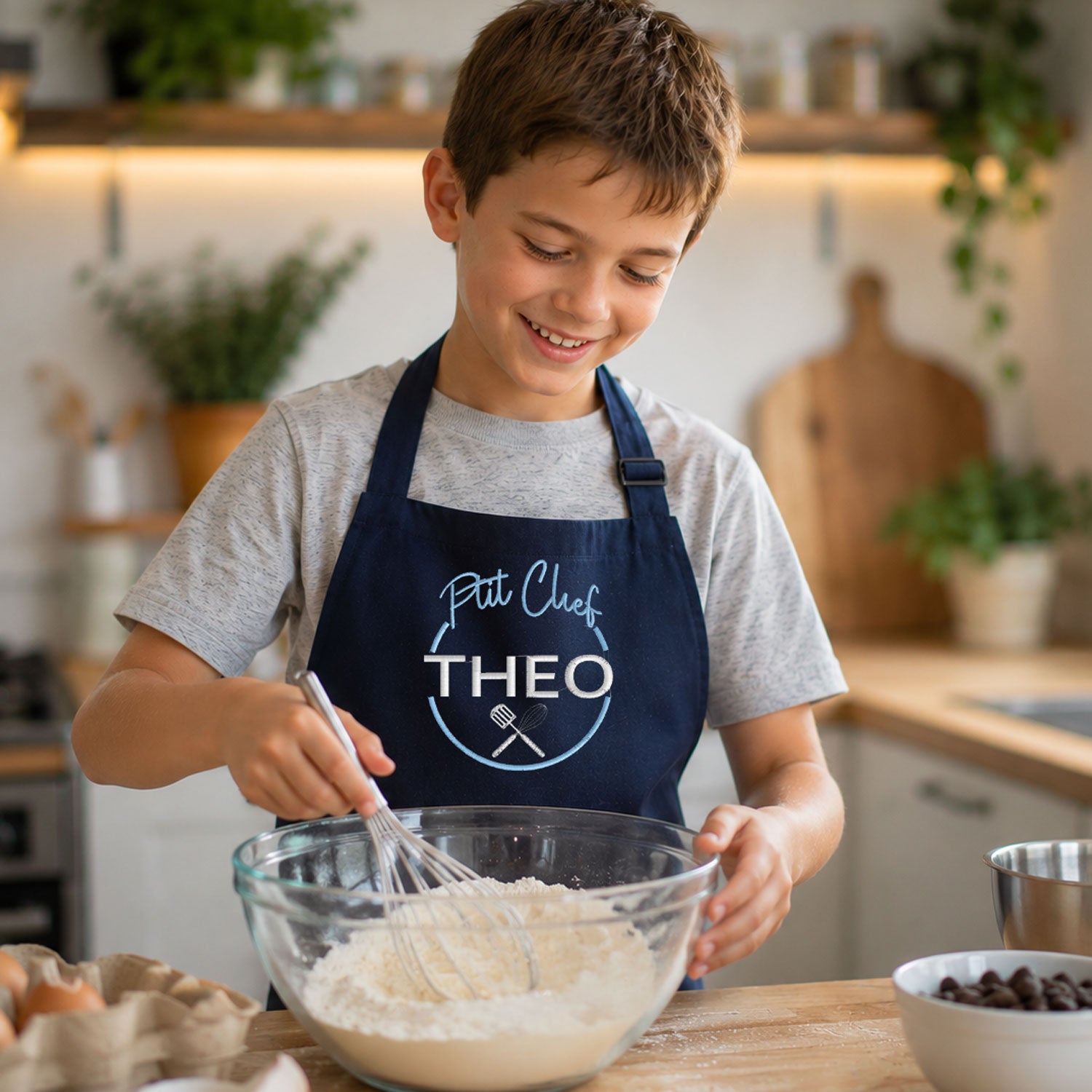 Enfant portant le tablier P'tit Chef bleu marine brodé au prénom Théo, en train de cuisiner – Chouettes Broderies