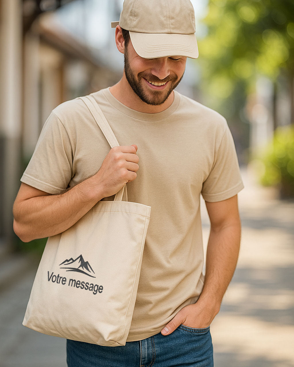 Tote bag beige brodé montagne et texte personnalisé – sac pratique pour homme