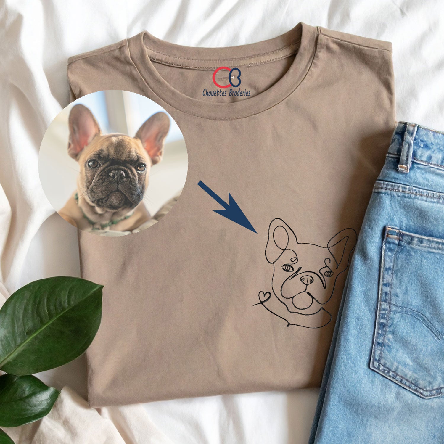 T-shirt coton bio brodé portrait chien line-art — cadeau personnalisé