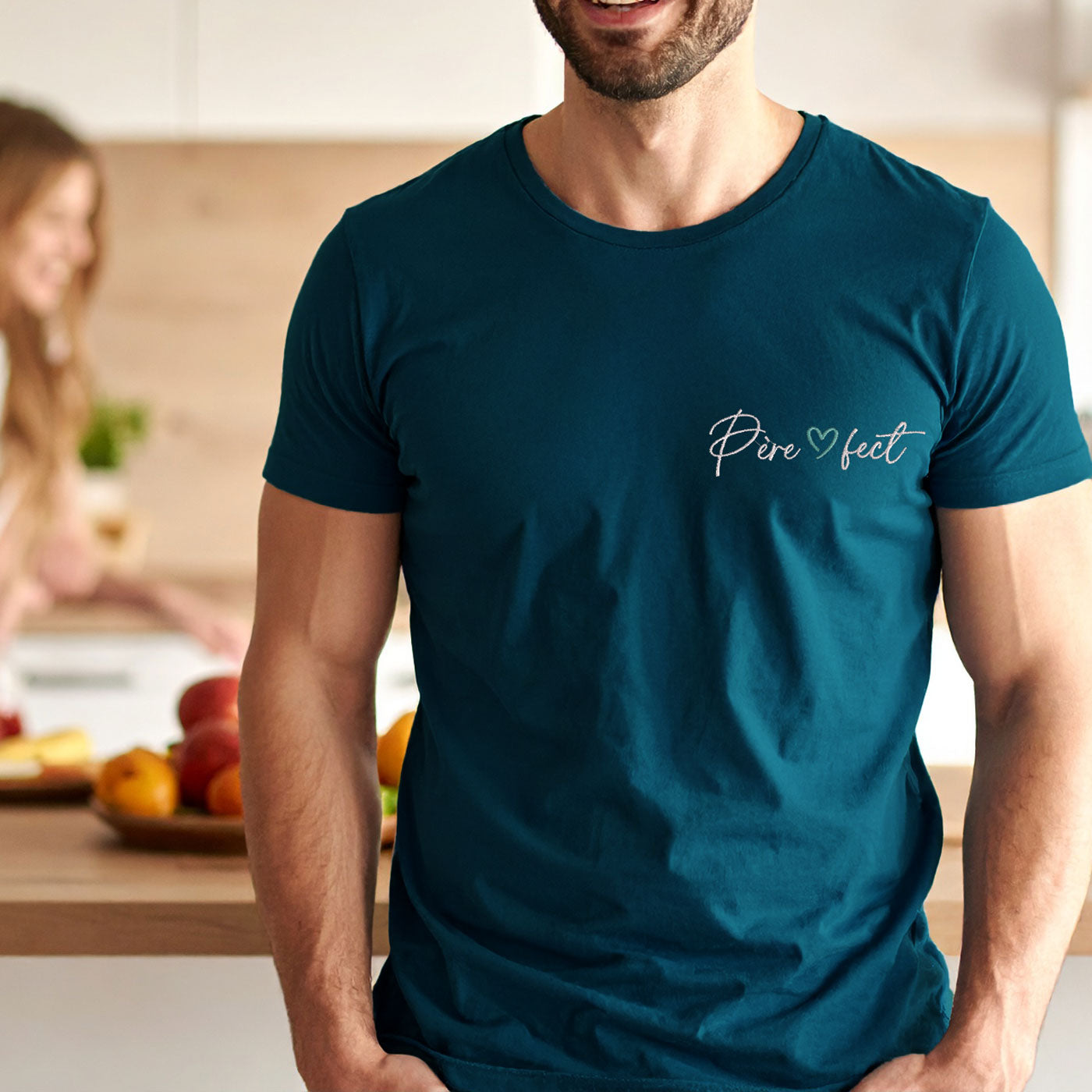 T-shirt bleu pétrole brodé Père-fect – cadeau original fête des pères