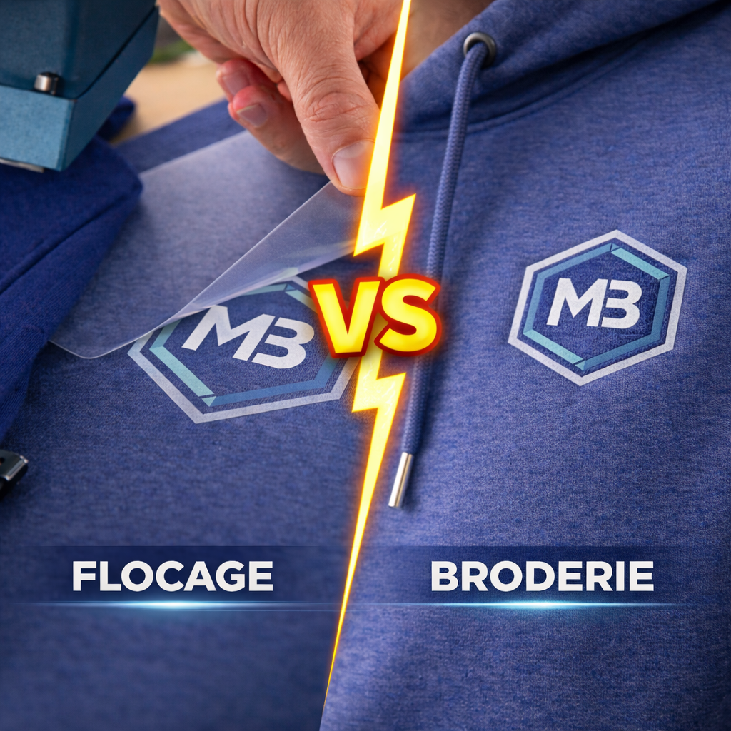 Comparatif flocage vs broderie sur sweat personnalise avec logo entreprise textile