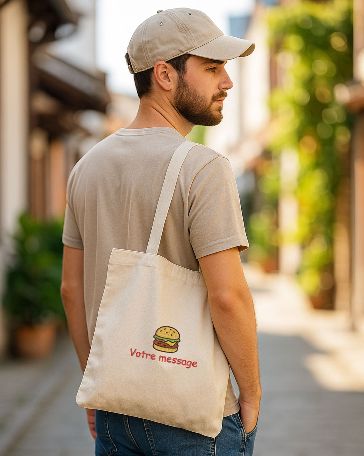 Homme portant un sac tote bag en coton naturel personnalisé avec une broderie et un message, accessoire pratique et tendance.