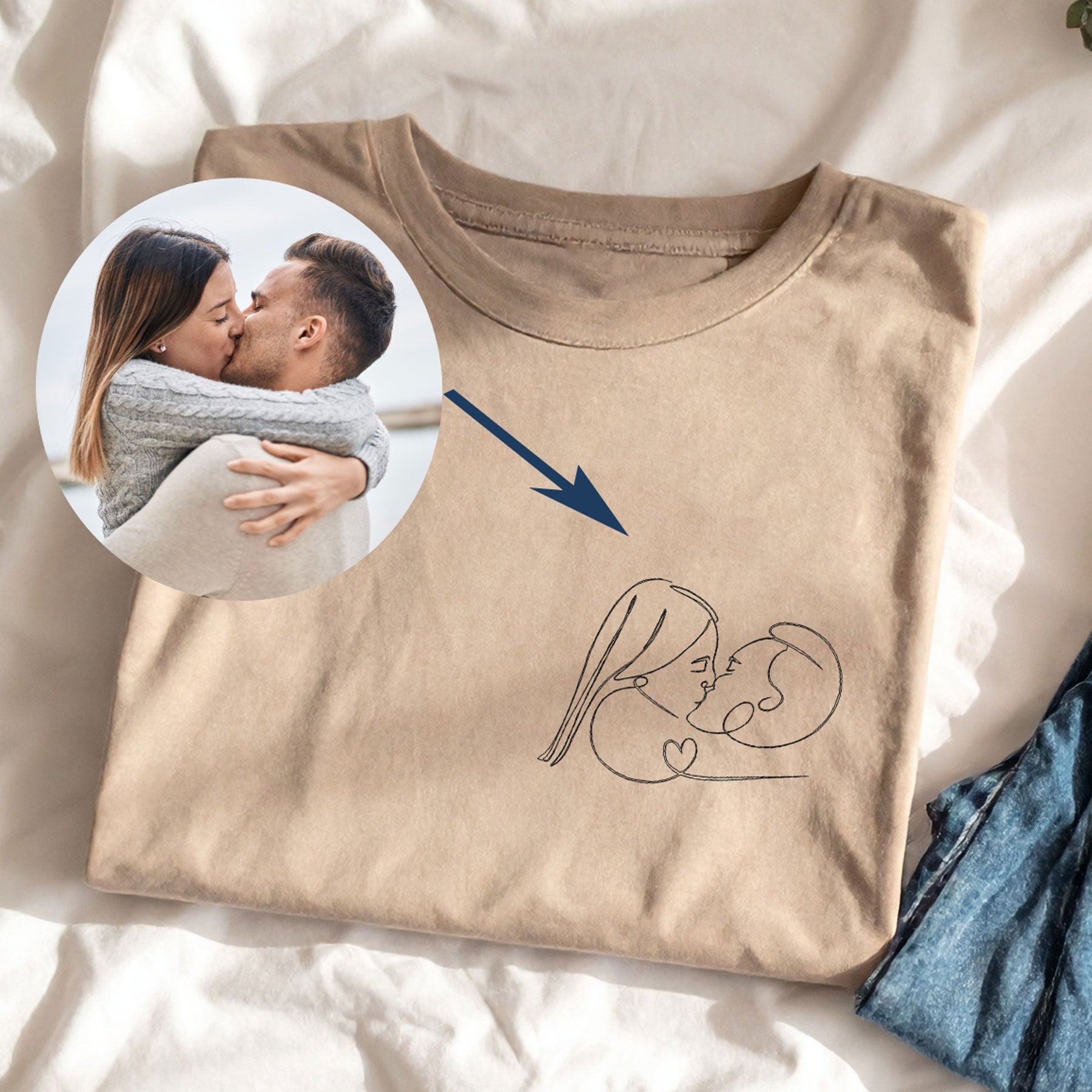 T-shirt brodé personnalisé d’après photo – portrait artistique en fil minimaliste
