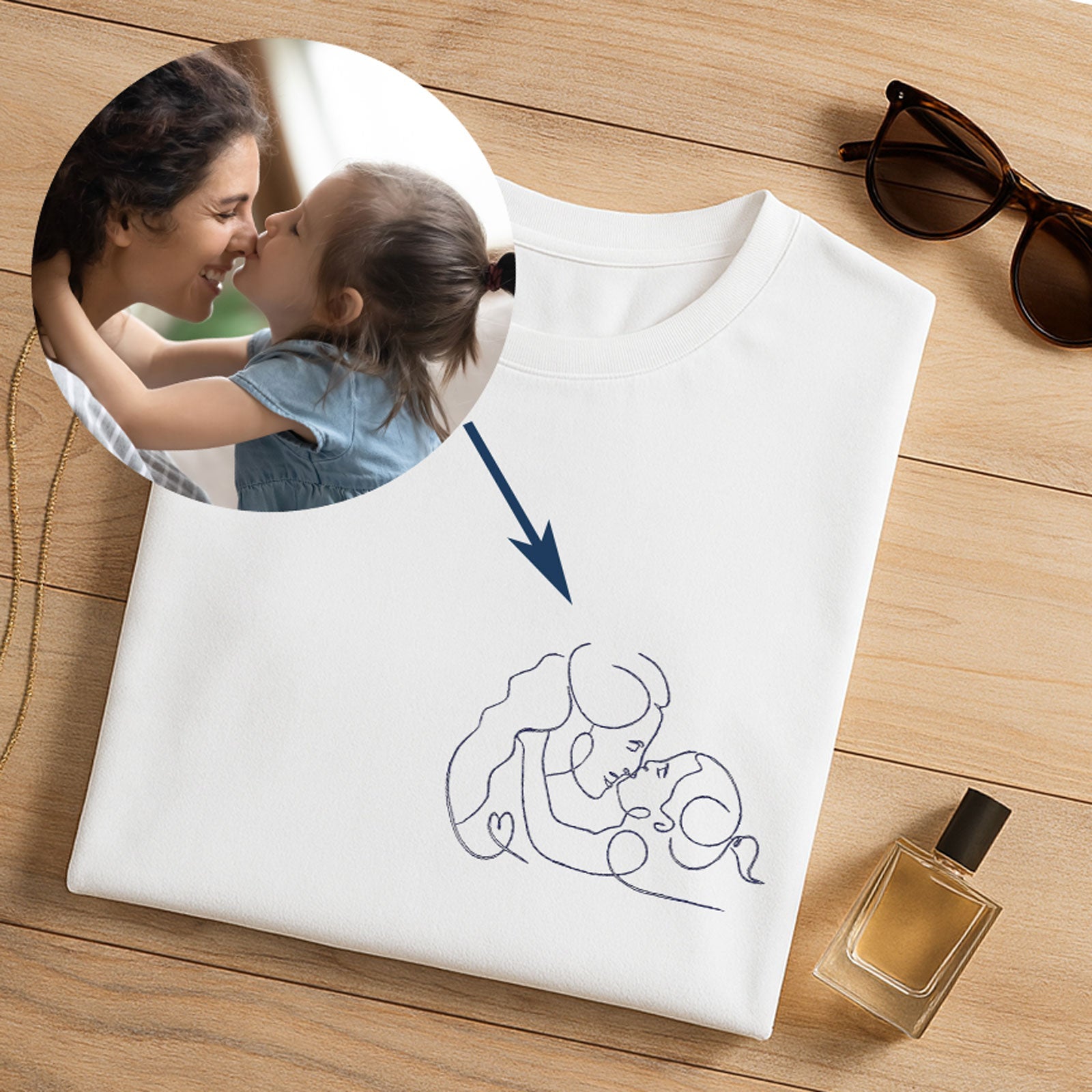 T-shirt brodé personnalisé portrait en fil – reproduction artistique d’après photo