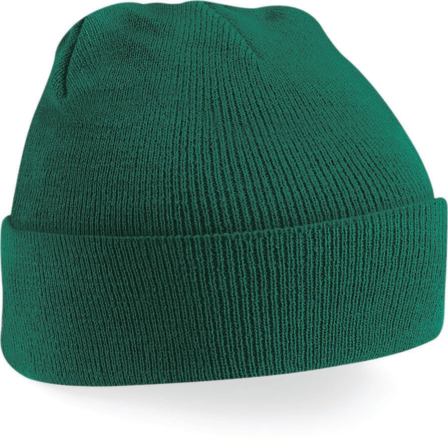 Bonnet B45 vert bouteille avec maille épaisse, zone de broderie sur le revers