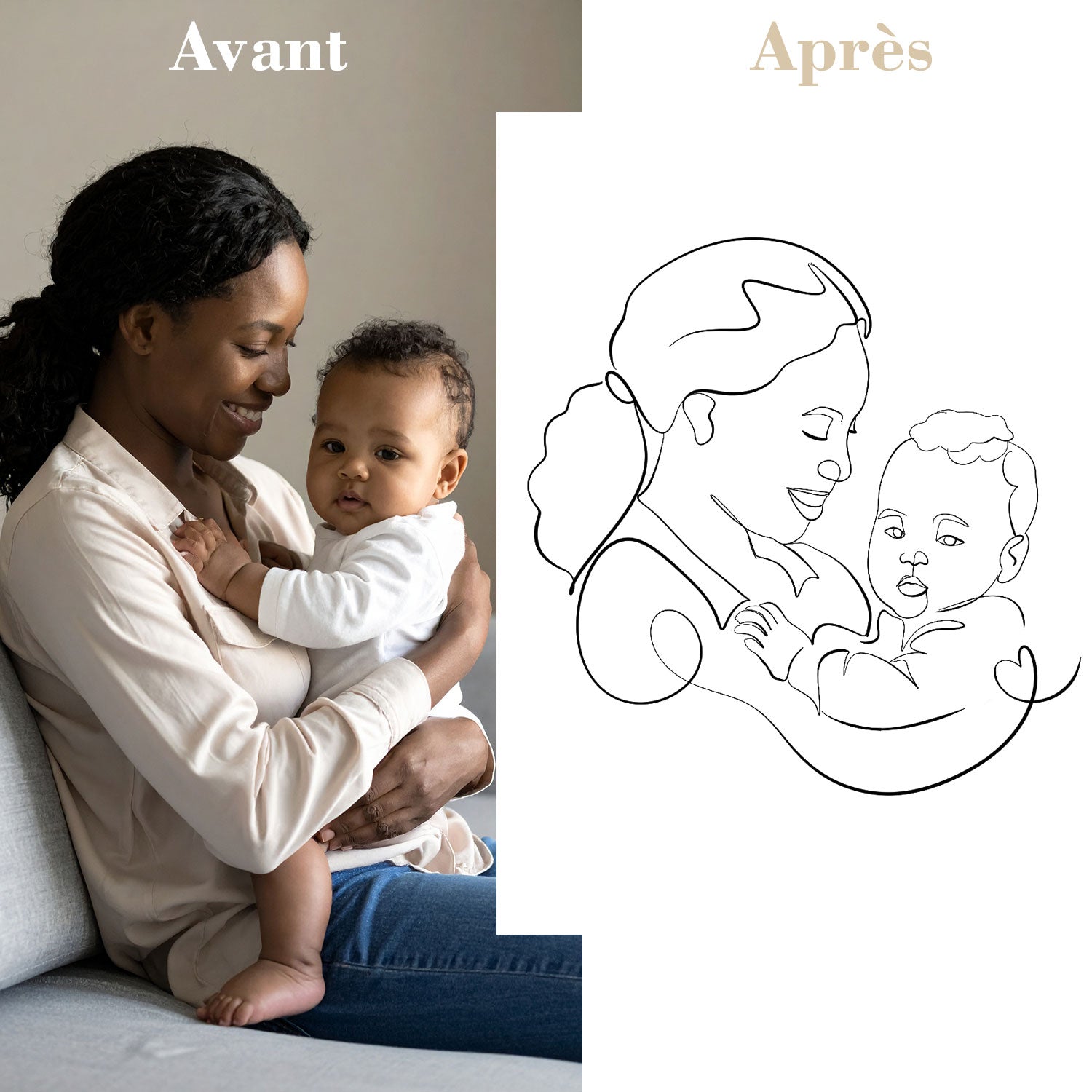 Avant après illustration line art personnalisée à partir d’une photo maman et bébé, dessin minimaliste sur mesure en fichier numérique