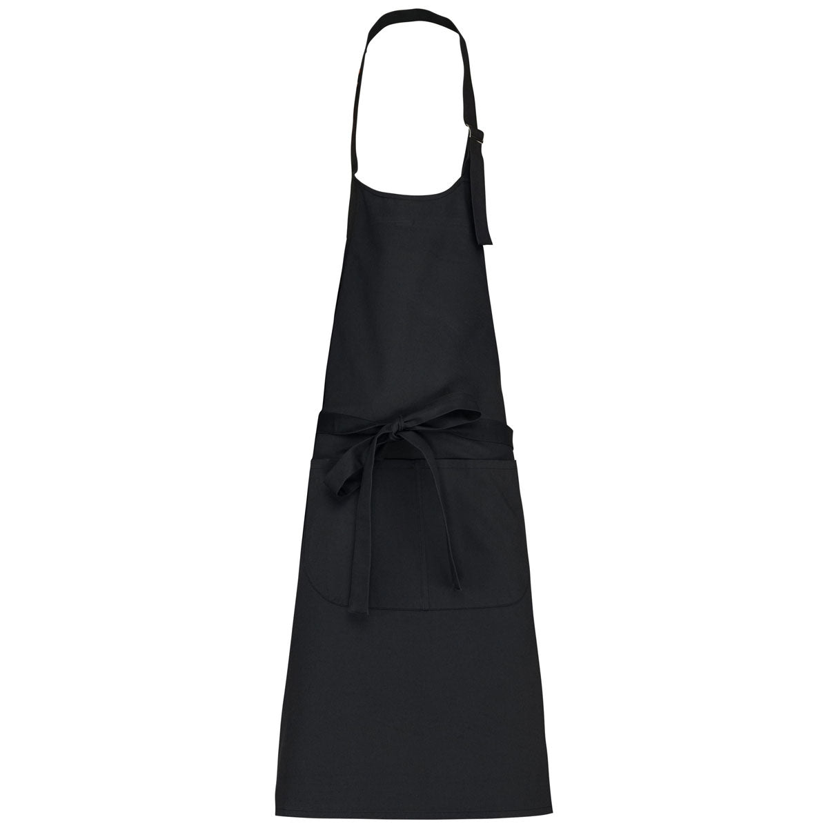 Tablier professionnel noir K8005 avec poche et lien à nouer, idéal pour broderie personnalisée au niveau poitrine