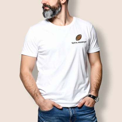 T-shirt homme blanc personnalisé avec ballon de rugby brodé et message au choix