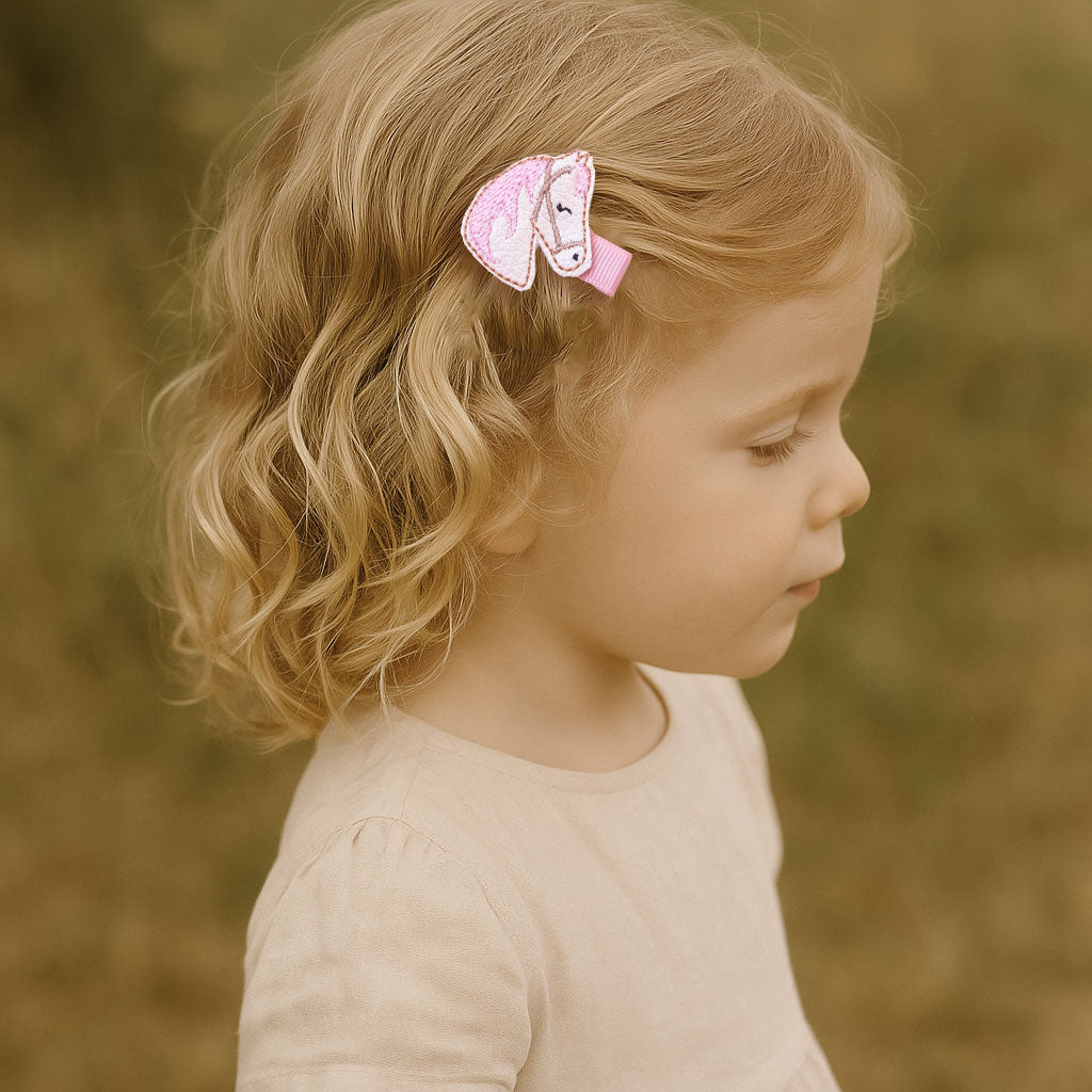 Barrette cheval beige et rose anti-glisse pour enfant