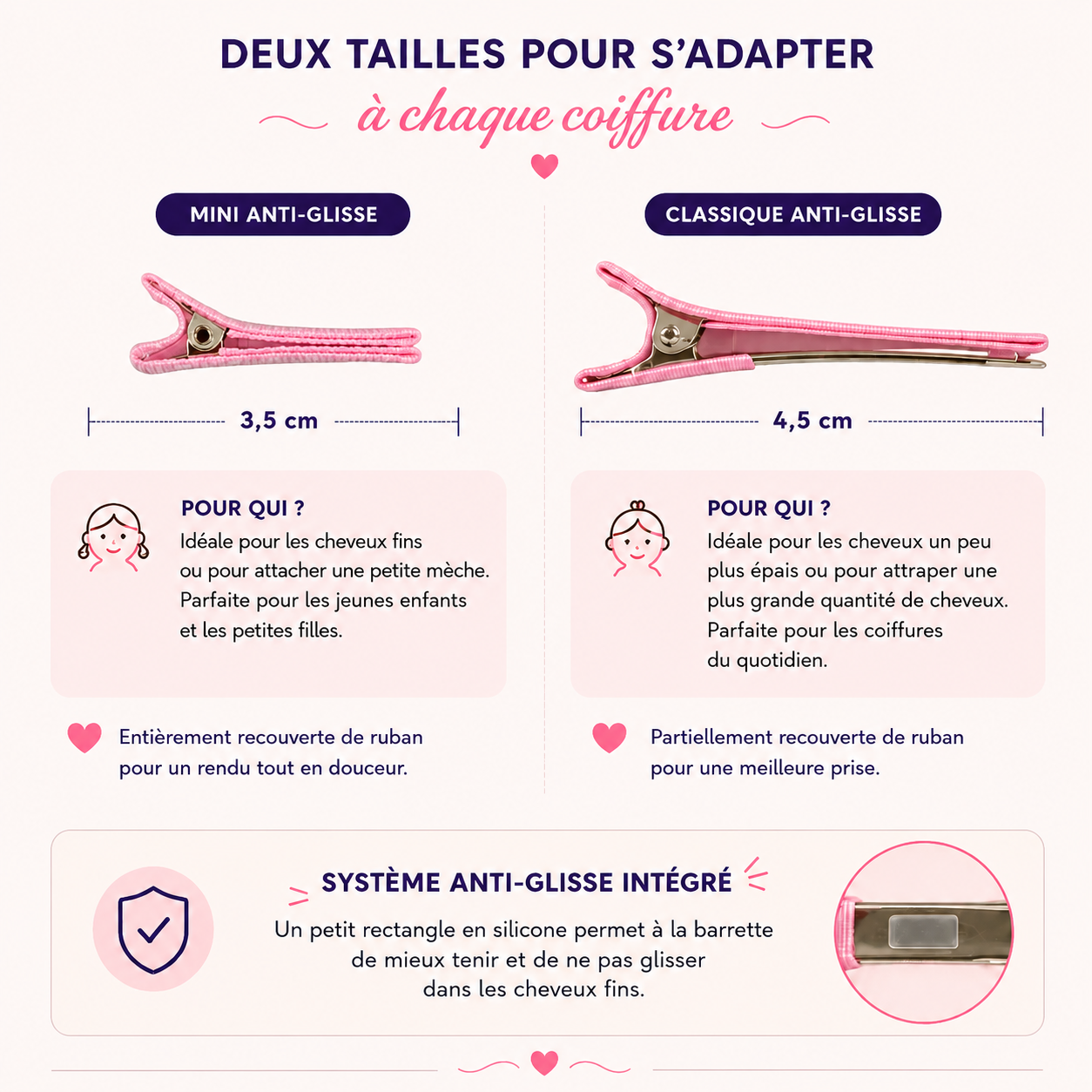 Guide tailles barrettes anti-glisse mini et classique