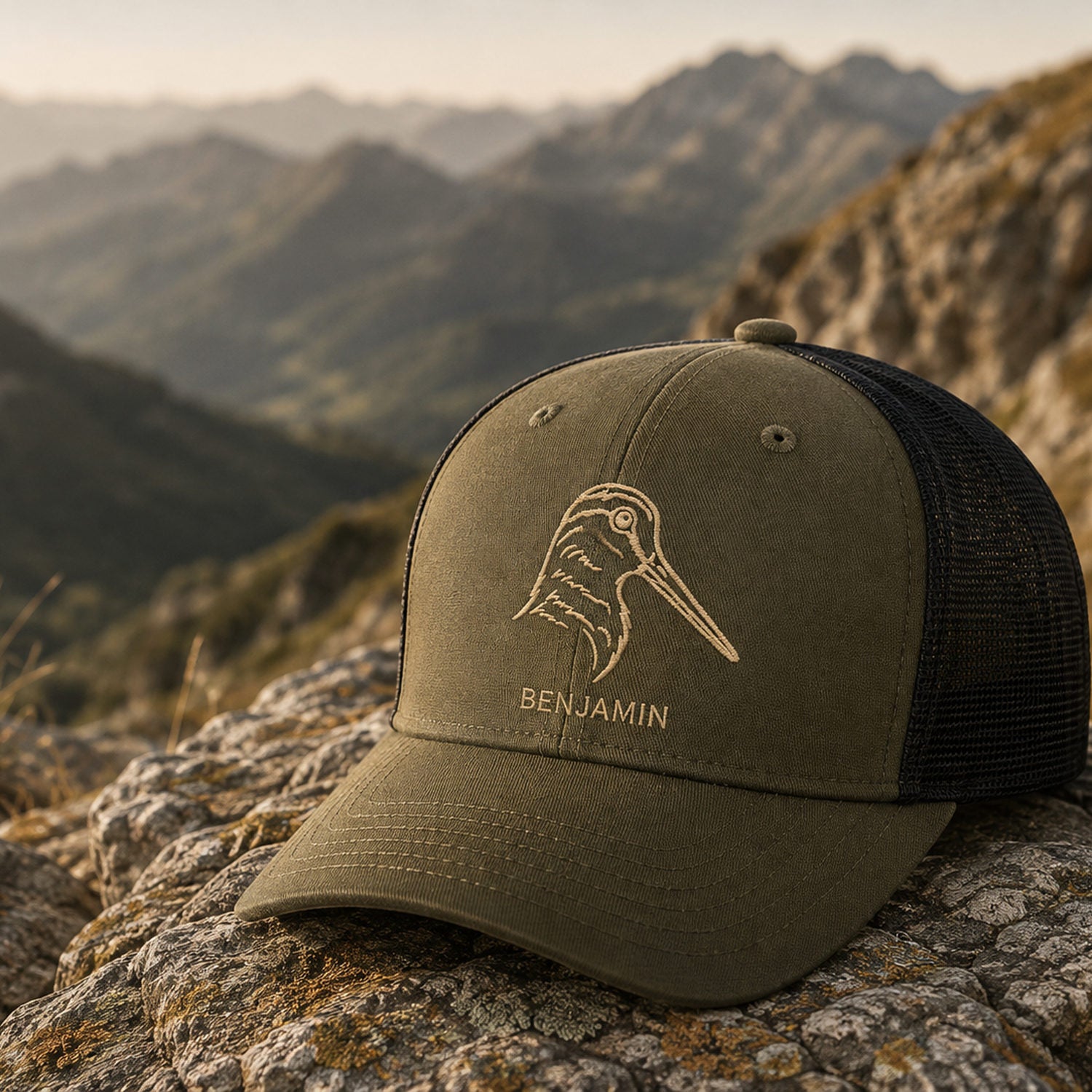 Casquette de chasse kaki brodée bécasse personnalisée avec un prénom, cadeau chasseur