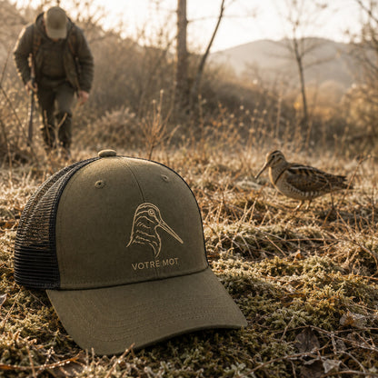 Casquette de chasse brodée bécasse posée au sol près d'une bécasse des bois