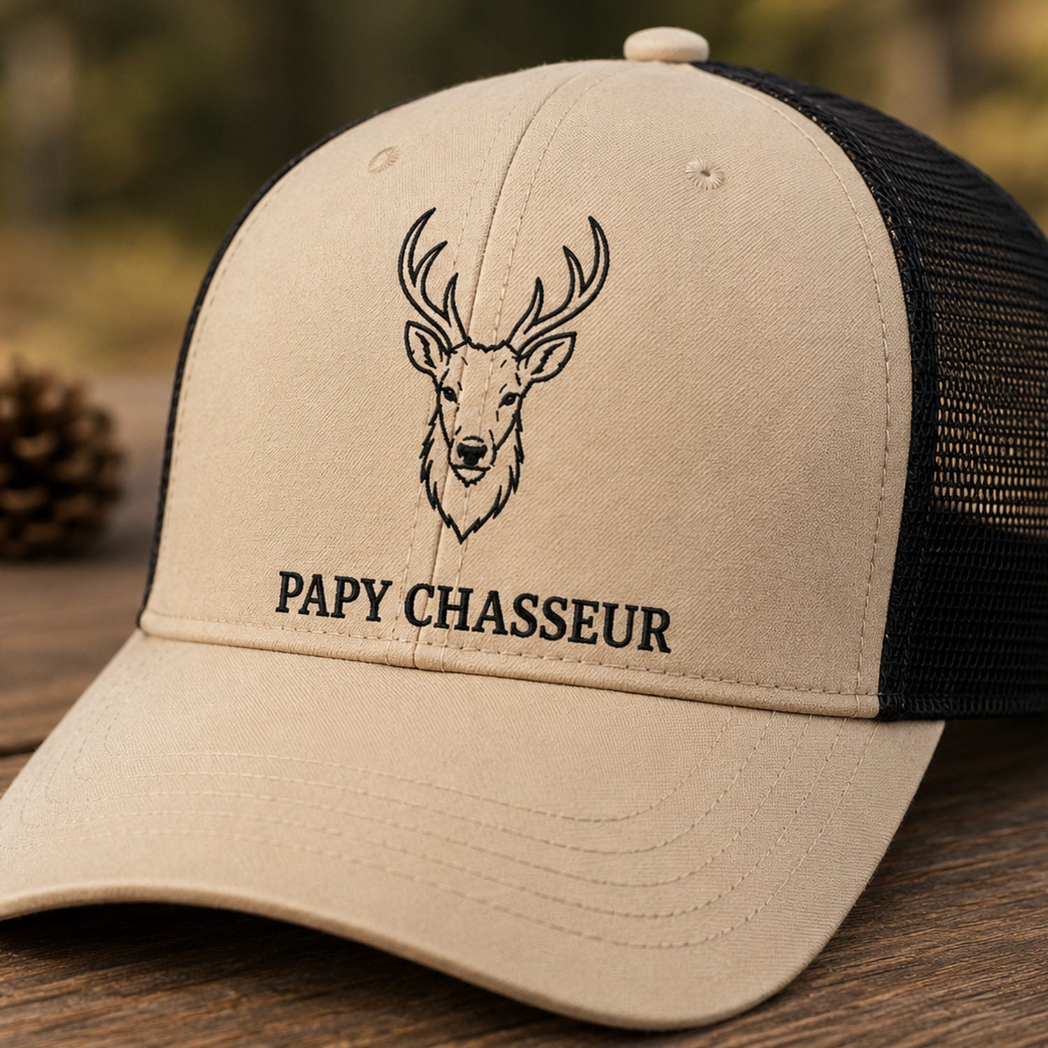 Casquette de chasse beige brodée tête de cerf personnalisée avec un prénom, cadeau chasseur