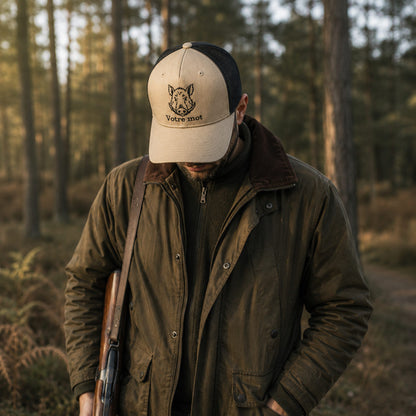 Chasseur portant une casquette brodée sanglier personnalisée en forêt