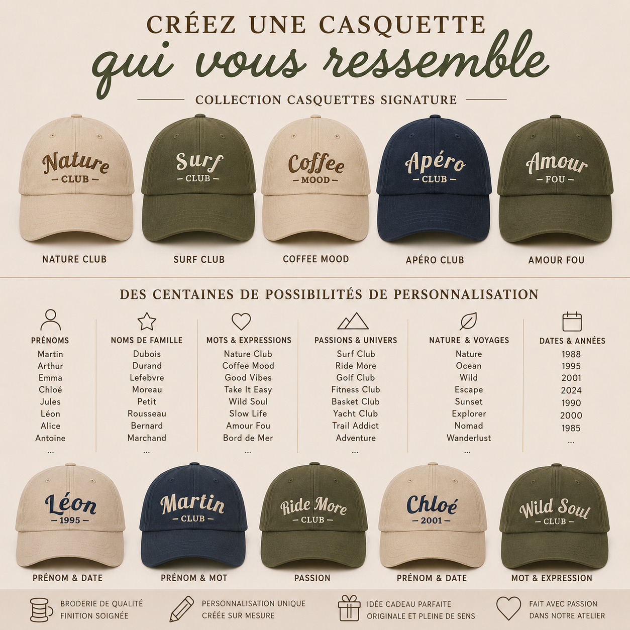 Casquette personnalisée brodée avec prénom, date, mot, passion ou expression. Idée cadeau personnalisée homme, femme et enfant fabriquée en France.