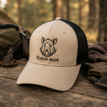 Casquette de chasse brodée sanglier beige et noire posée en forêt