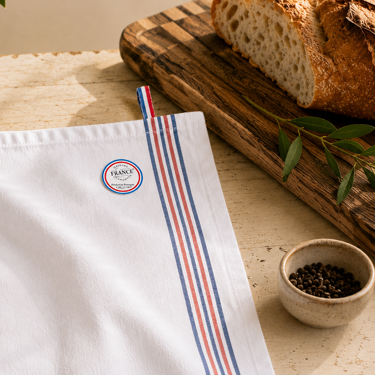 Détail d'un torchon de cuisine personnalisé Made in France avec badge Origine France Garantie, tissé en Bretagne et brodé en France. Linge de cuisine haut de gamme en coton biologique.