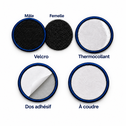 Les quatre dos d'écusson : velcro mâle et femelle, thermocollant, dos adhésif repositionnable et dos à coudre