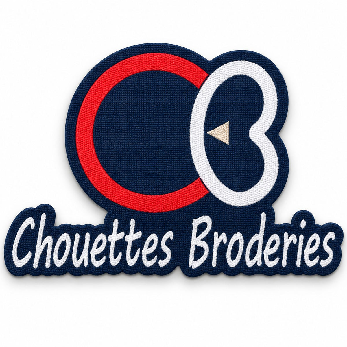 Écusson sublimé personnalisé découpé à la forme du logo, impression sur fond entièrement brodé bleu marine, texture tissée visible